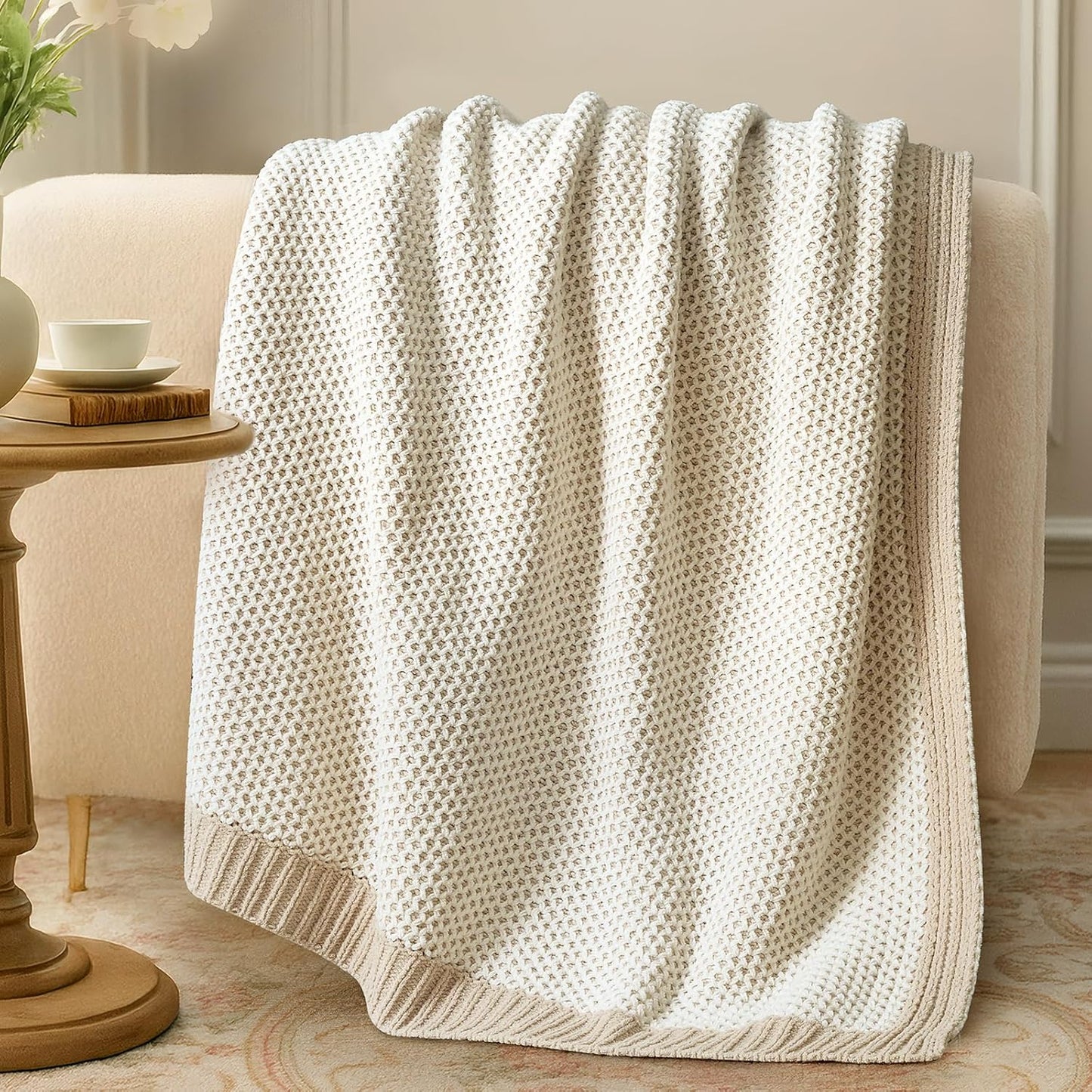 Amélie Home Honeycomb Knit Throw Blanket for Couch, Dual-Sided Soft Chenille Decorative Blankets for Sofa & Chair, 50"x60", Khaki & White