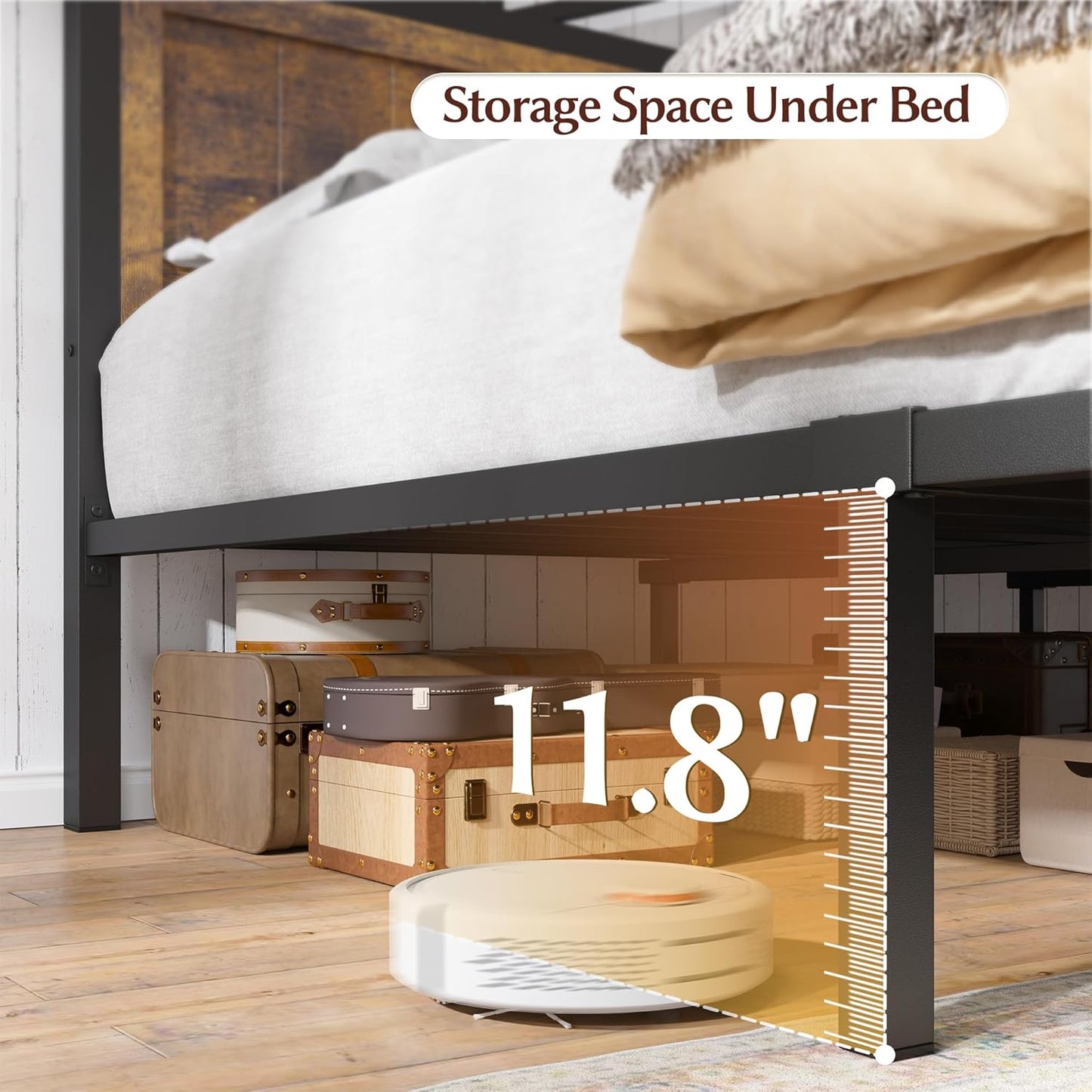 EnHomee Queen Metal Bed Frame with 2 Storage Drawers, Built in Charging Station & LED Light,NO Noise,No Box Spring Needed,Rustic Brown