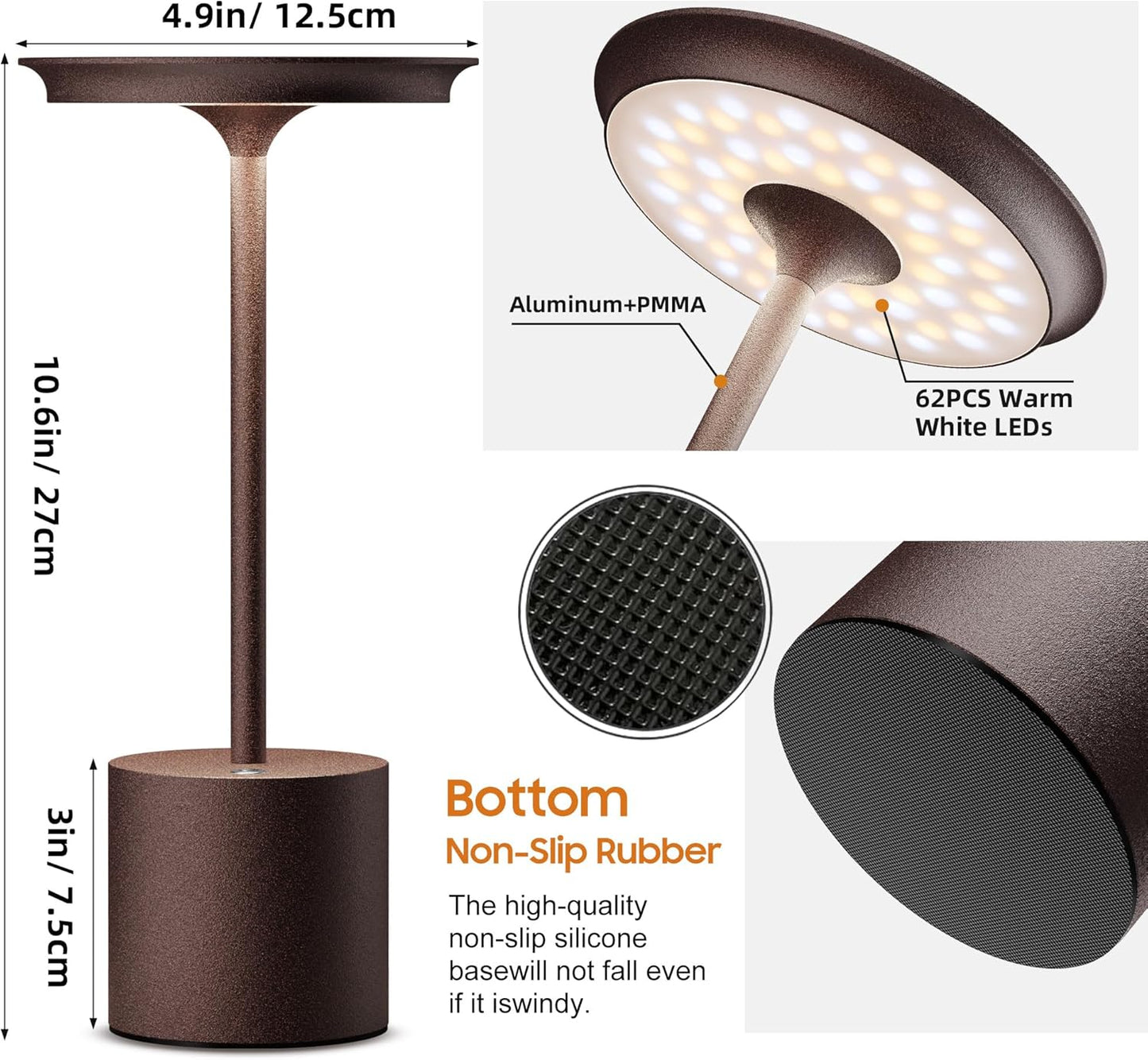 2Pack Cordless Table Lamp, Portable Rechargeable 6000mAh Outdoor Table Lamp, 3 Color Stepless Dimming Battery Powered Lamp, LED Table Light for Dinner/Bedroom/Restaurant/Outdoor (2Pack Rust)