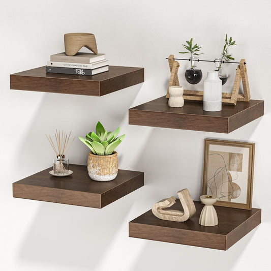 Square Floating Shelves for Wall, 10" W x 10" D x 1.2" H, Small Wooden Wall Mounted Display Shelves with Invisible Brackets for Living Room, Bedroom, Bathroom, Kitchen Decor, Set of 4, Walnut