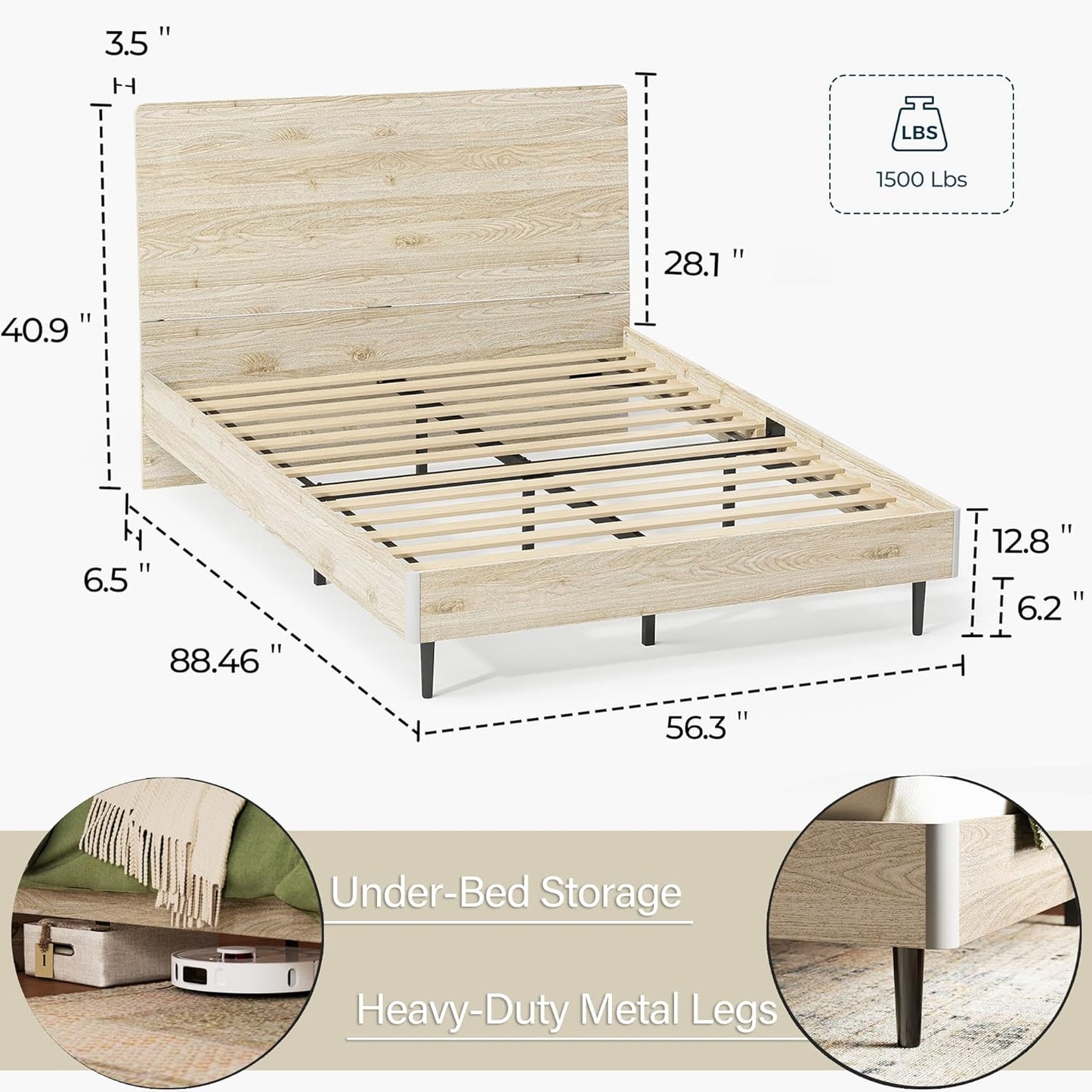 LINSY Wood Bed Frame with Headboard, Full Bedframe with LED Lights, Wooden Platform Frames with Charging Station, No Box Spring Needed, Easy Assembly, Boho Wood