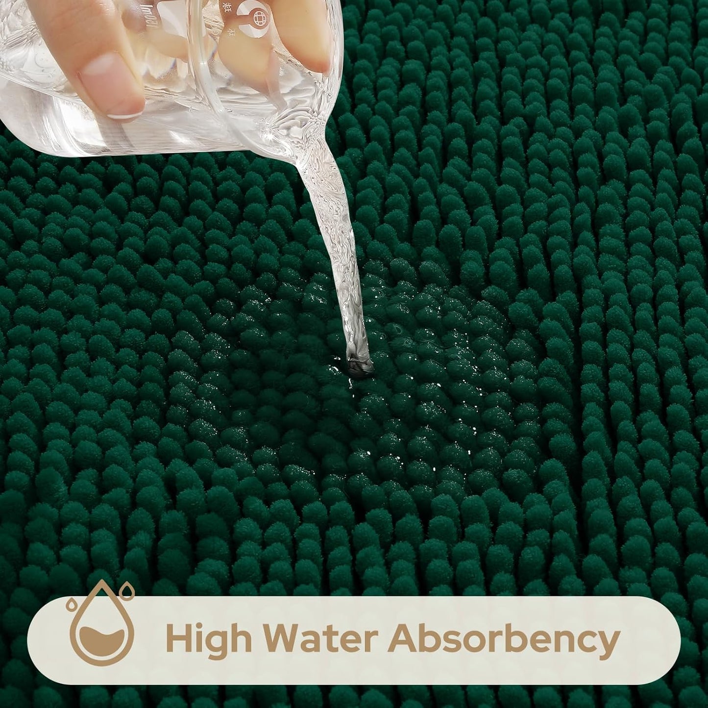 HOMEIDEAS 3 Pieces Bathroom Rugs, Ultra Soft Non Slip Absorbent Chenille Toilet Bath Mat Set (Dark Green,17"x24"+20"x32"+U Shape 20"x24")