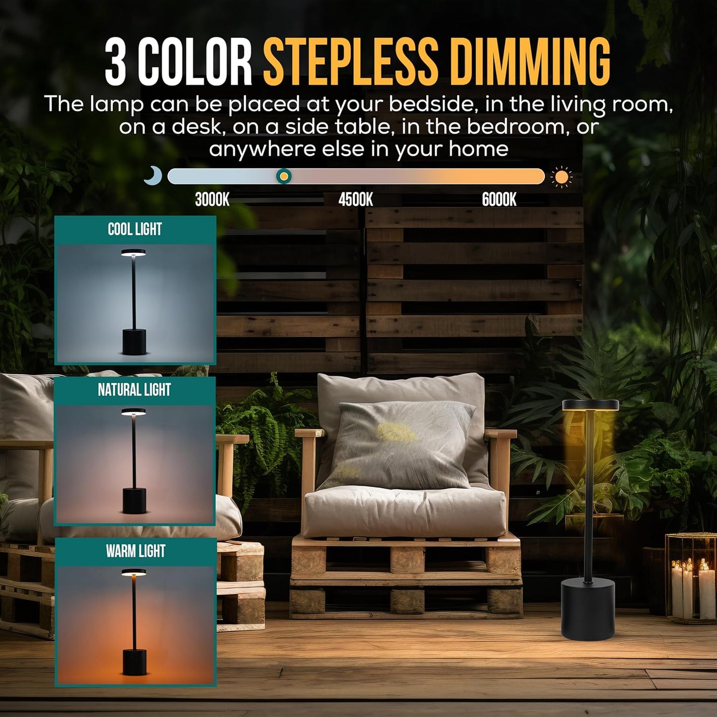 Cordless Table Lamp Pack of 2 (Black) Rechargeable Lights - Set of 2 USB Chargers Included - LED 3-Color Dimmable Lamps for Restaurant Dinner Dining Kitchen Coffee Table Patio and Portable Lighting