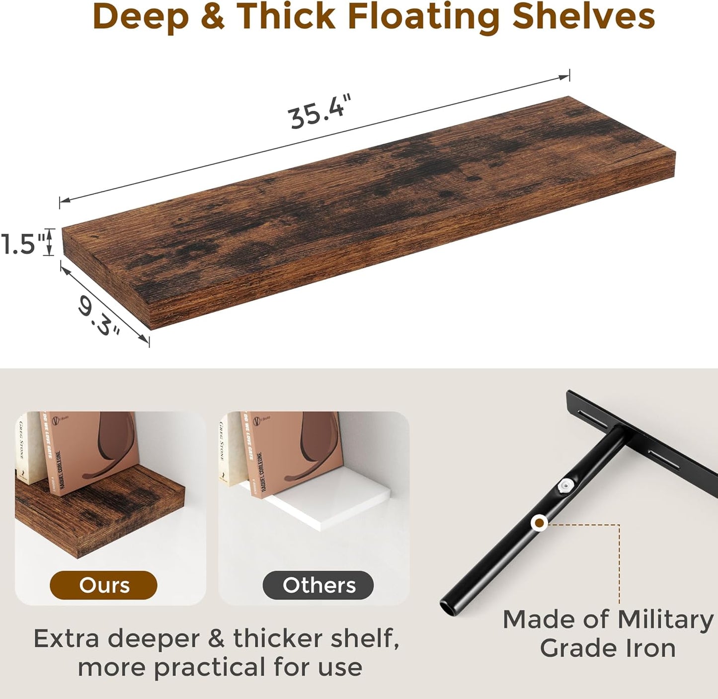 36x9.3 Floating Shelves for Wall, Wood Floating Shelf 36 Inch Long, Large Deep Wall Shelves for Home Decor & Storage, Rustic Deep Shelf for Living Room, Bedroom, Kitchen, Rustic Brown Color