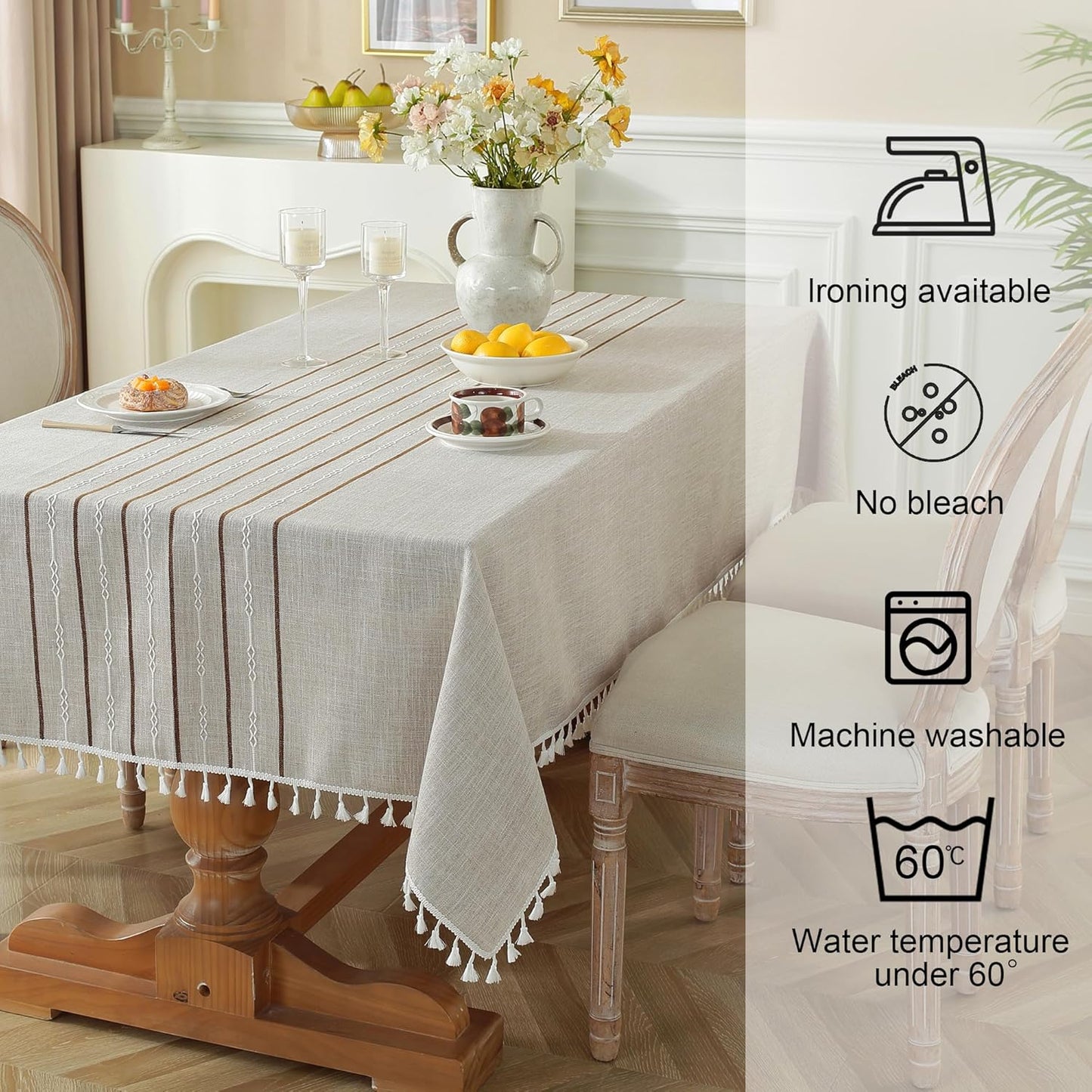 JIALE Tablecloths for Rectangle Tables, Cotton Linen Table Cloth Waterproof Tablecloth Wrinkle Free Farmhouse Dining Tables Cover, Soft Fabric Table Cloths with Tassels, Coffee, 55" X 70", 4-6 Seats