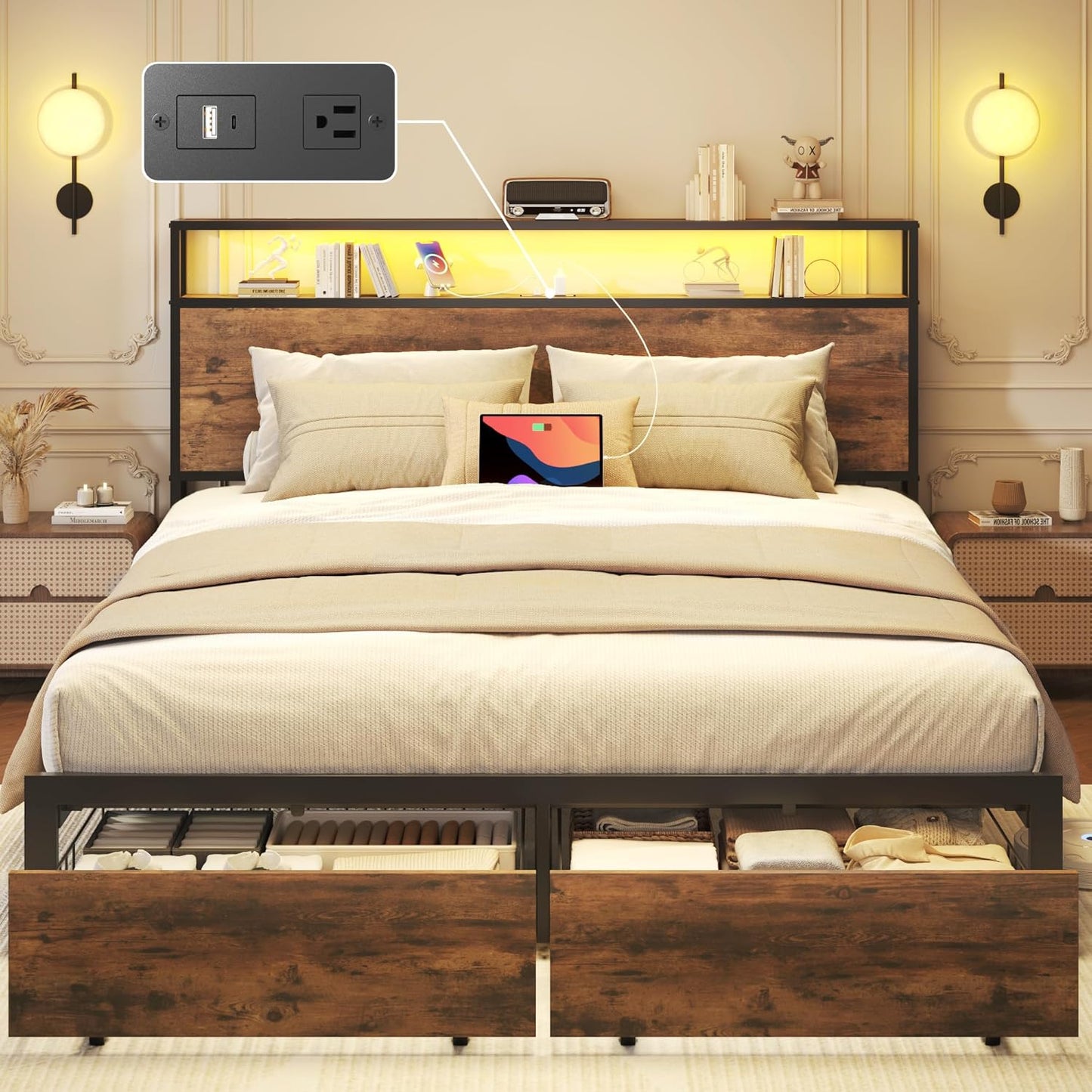 Lifezone Queen Bed Frame with 2-Tier Storage Headboard, Metal Bed Frame with Storage Drawers & Built-in Charging Station & LED, Noise-Free, No Box Spring Needed, Easy Assembly, Rustic Brown