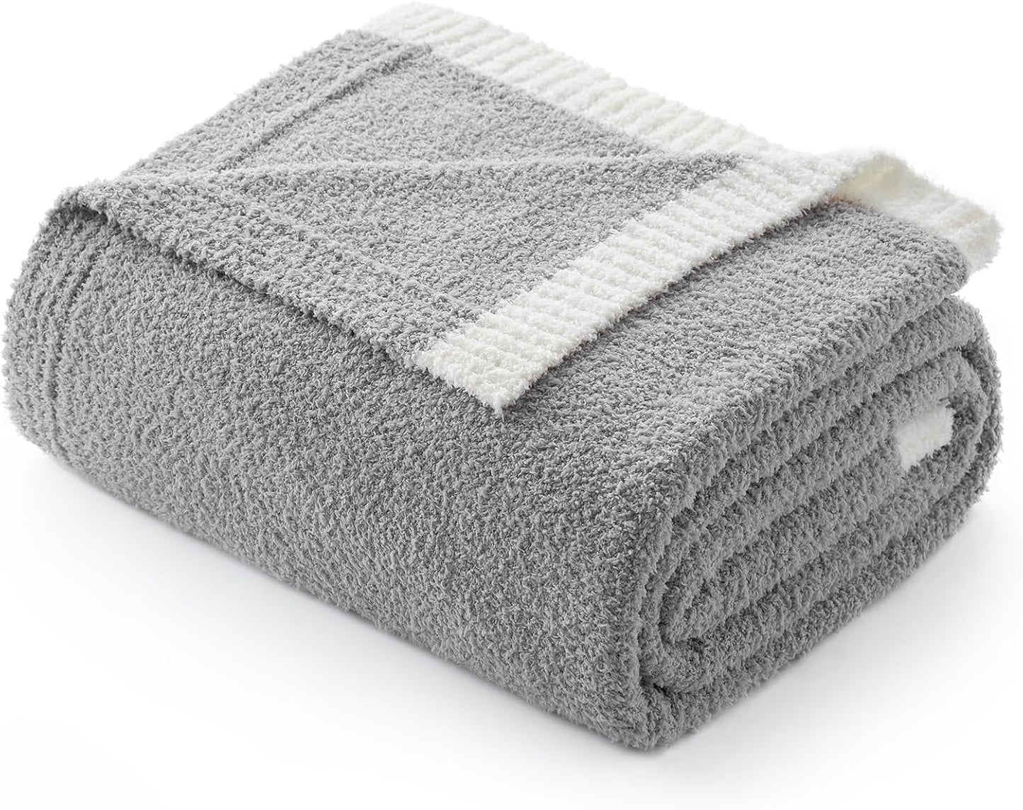 Snuggle Sac Grey Bedding Blankets Queen Size 90x90 inches, Reversible Microfiber Fluffy Fuzzy Soft Throw Cozy Knit Blanket for Women Mothers Birthday Gifts