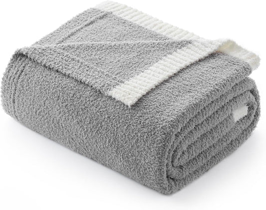 Snuggle Sac Ultra Soft Throw Blanket for Couch Bed Sofa 50x60 inches, Reversible Grey Blanket Microfiber Fluffy Fuzzy Cozy Knit Throws for Women Mothers Birthday Gifts