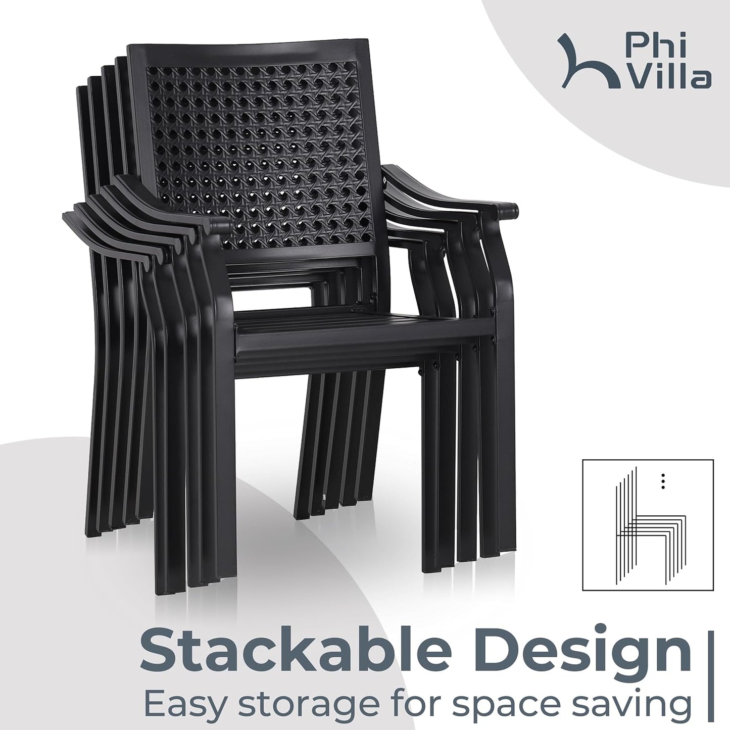 PHI VILLA 7 Piece Patio Dining Set for 6, Expandable Wood-Like Metal Dining Table & Wrought Iron Stackable Chairs, Large Dining Furniture for Outdoor Deck, Backyard, Porch