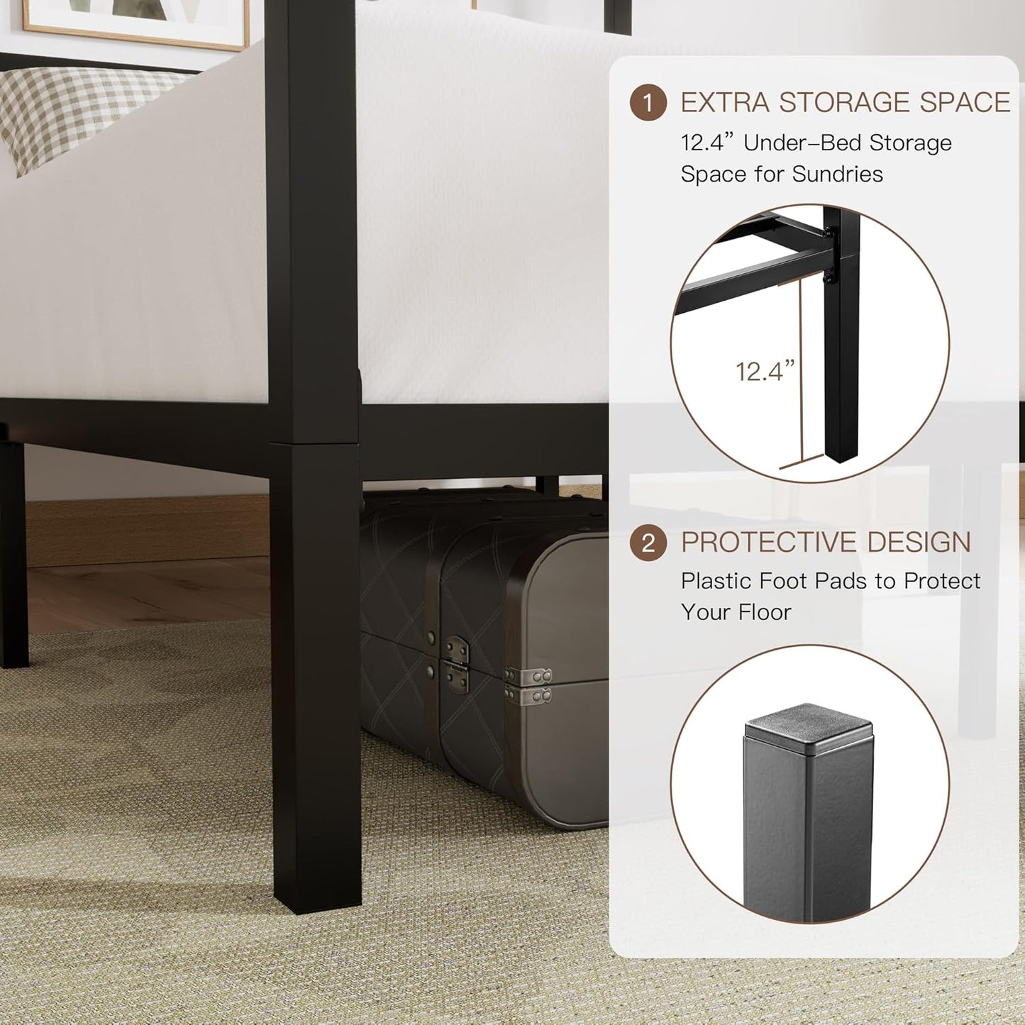 ikalido Queen Size Metal Canopy Bed Frame, Modern Four-Poster Platform Bed Frame, Mattress Foundation, Under-Bed Storage Space, No Box Spring Needed, Black