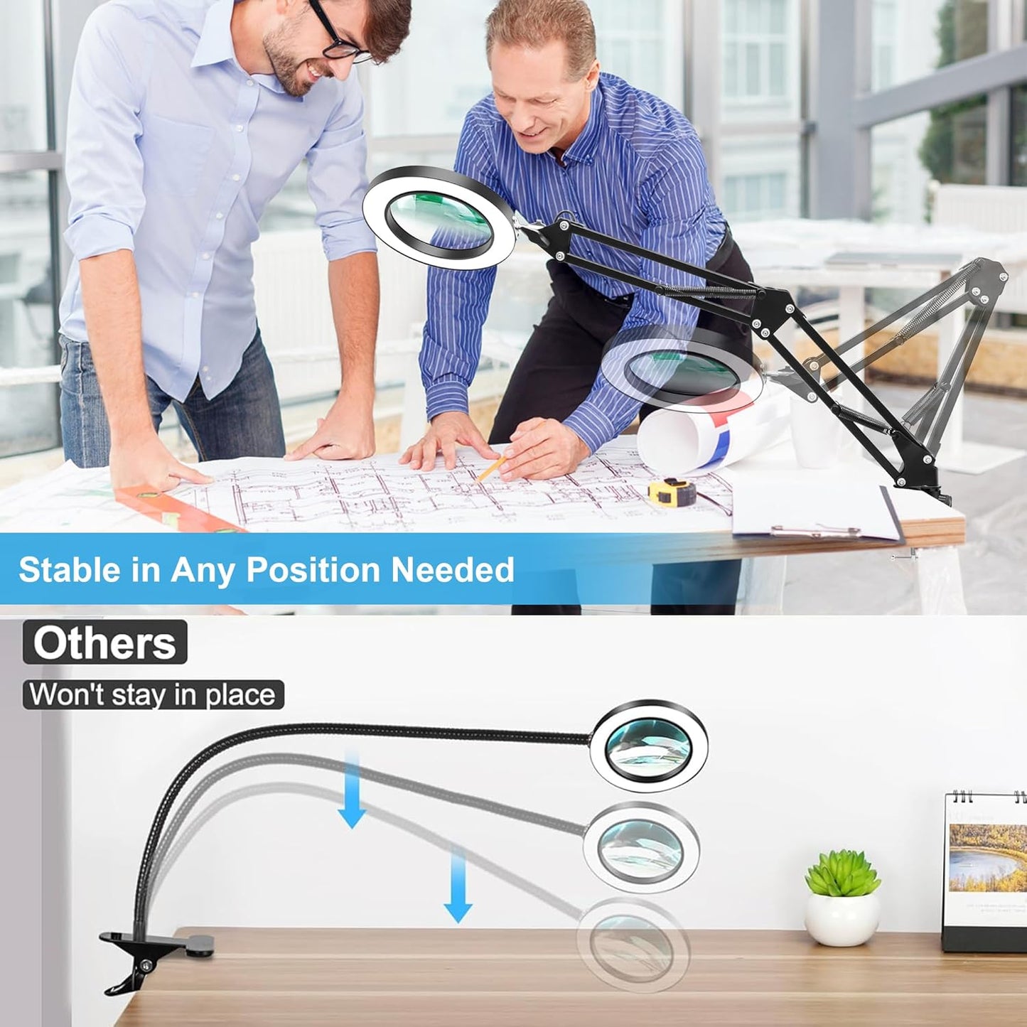 10X Magnifier Desk Lamp, 2-in-1 LED Magnifying Glass with Light and Clamp, Hands-Free Lighted Magnifier with 3 Color Modes for Craft Hobby Nail Repair Reading Close Works (Black, Clamp)