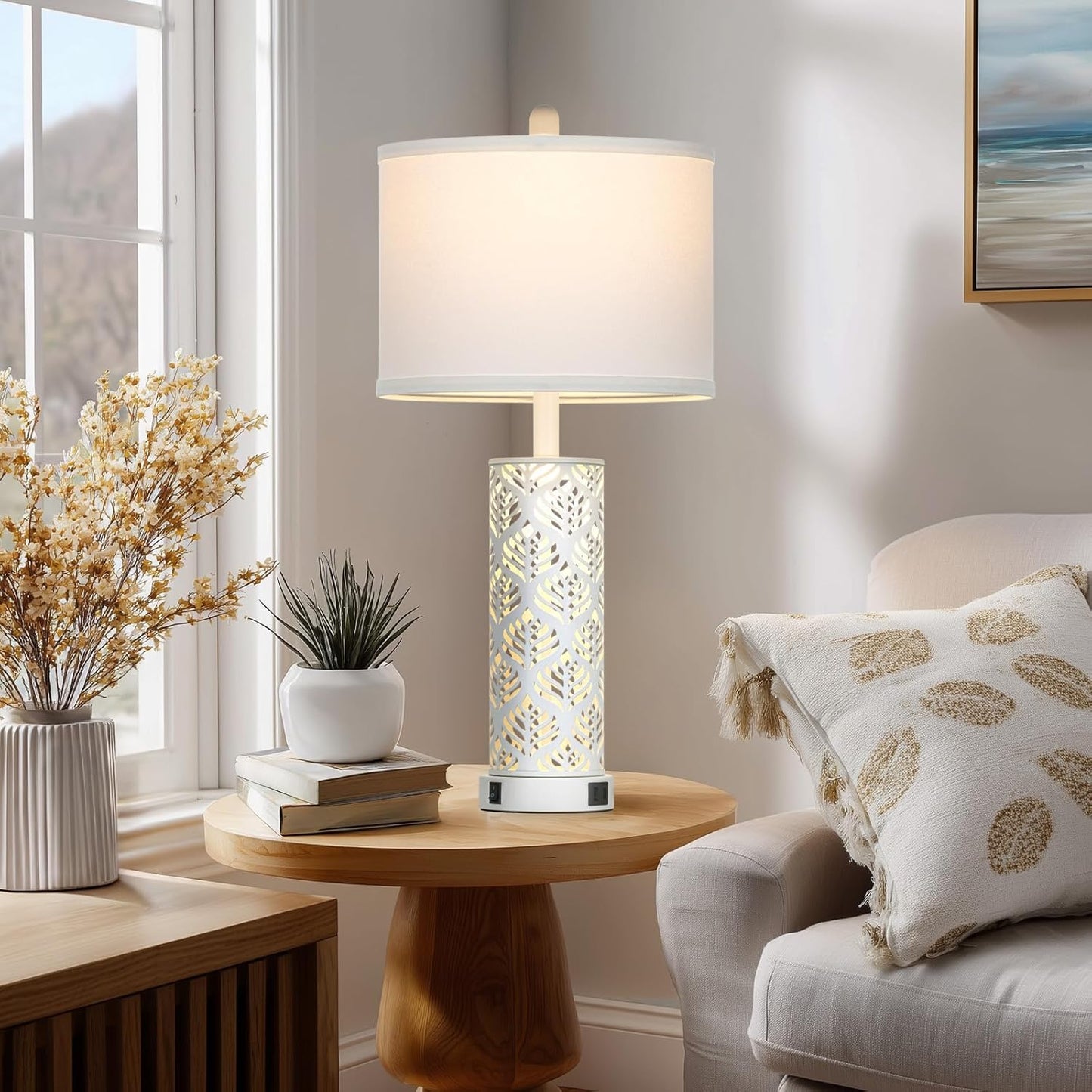 Set of 2 Rustic Table Lamps for Living Room Bedroom, Vintage Farmhouse Nightstand Lamp with 2 USB Ports, Hollow Out Metel Lamp for End Table with Nightlight (White)