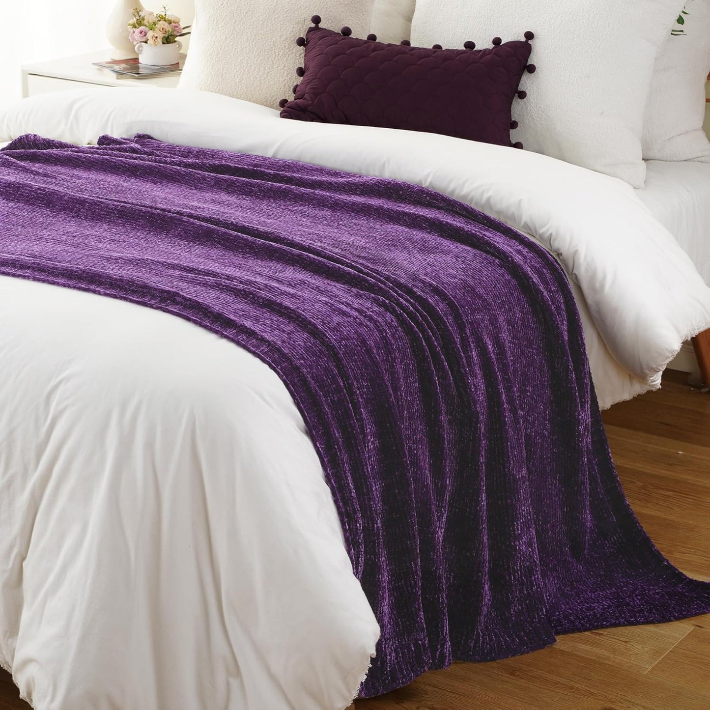 BATTILO HOME Chenille Knitted Throw Blanket for Couch, Decorative Cozy Dark Purple Throw Blanket for Bed Sofa Outdoor, Super Soft Purple Blankets Chenille Blankets for Home Decor, 51"x67"