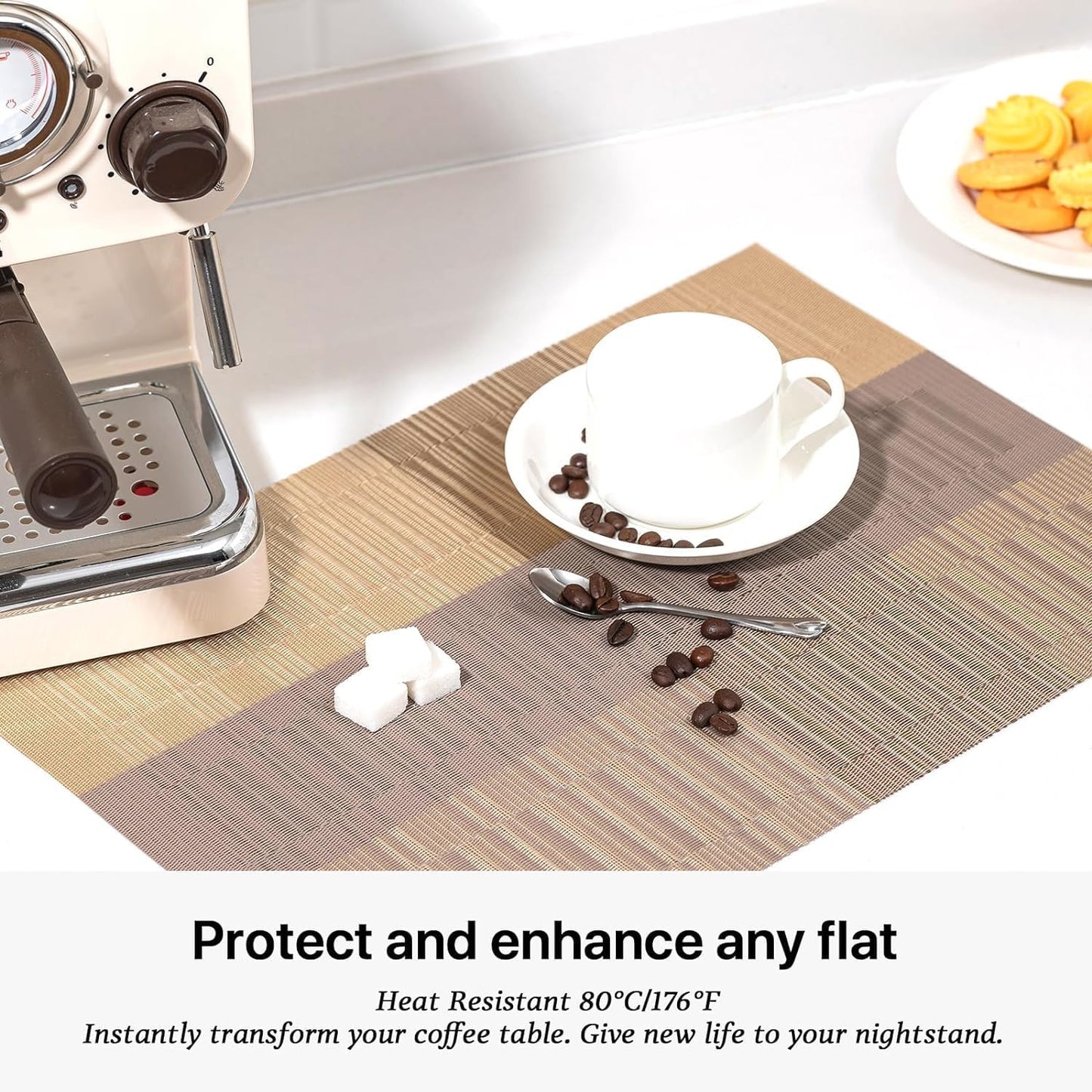 LEXMORE PlaceMats Set of 12 Vinyl/Plastic Woven Place Mats for Kitchen Table Indoor/Outdoor Washable PlaceMat Wipeable Dining Table Mats(Gold Dune)