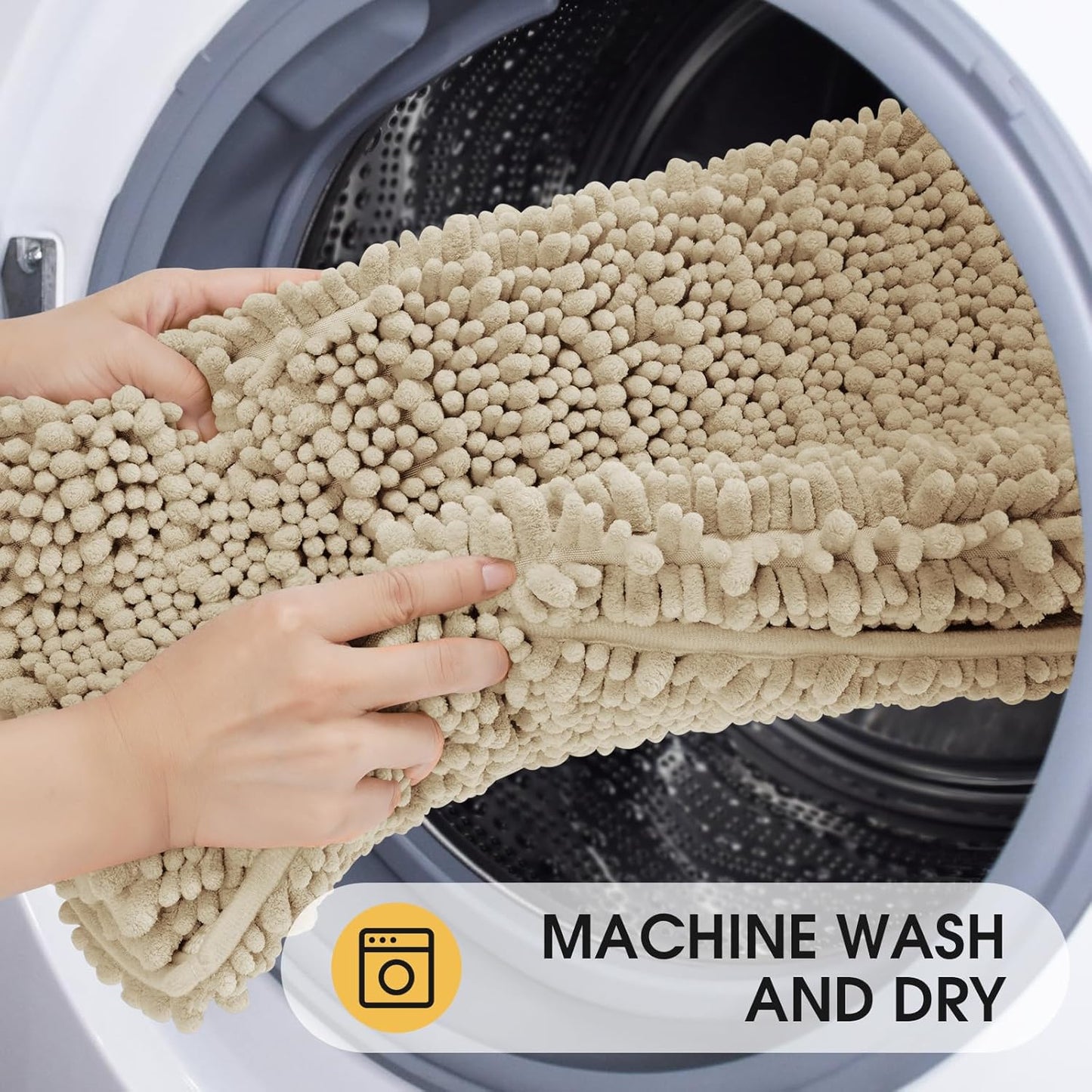 ACCUMTEK Upgrade Luxury 2 Piece Beige Toilet Bathroom Rug Mat 32"x20"+24"x17", Ultra Soft Thick Absorbent Bath Mats, Non Slip Chenille Toilet Mat for Bathroom, Bedroom, Kitchen, Shower, Tub