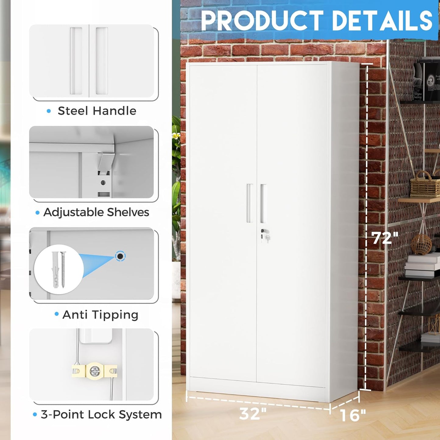 Greenvelly White Metal Storage Cabinet, 72" Steel Locking Cabinet with Doors and 4 Adjustable Shelves, Tall Tool Storage for Home Office, Metal Classroom Cabinet for Garage