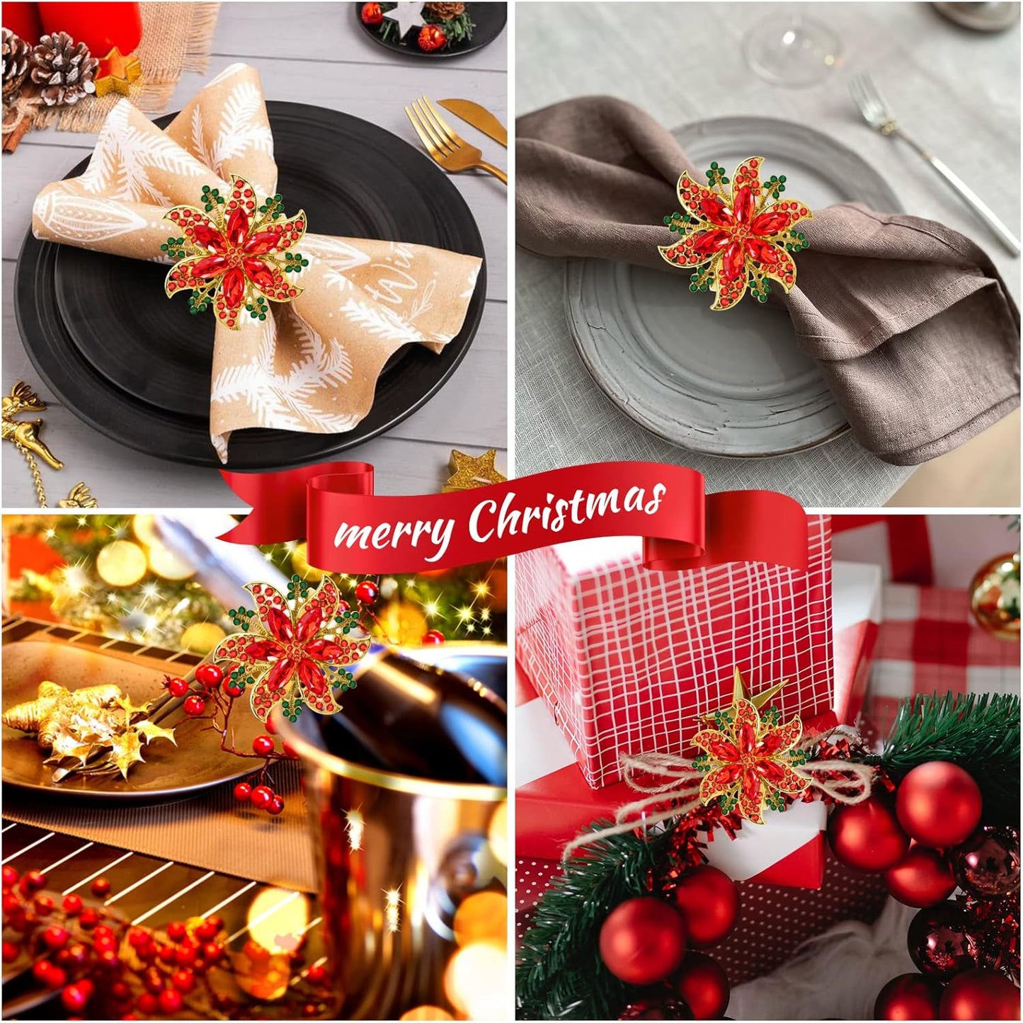 Legigo Set of 6 Christmas Flower Napkin Rings Set- Metal Xmas Napkin Ring Holders for Cloth Napkins, Christmas Holiday Party Dinner Table Decoration