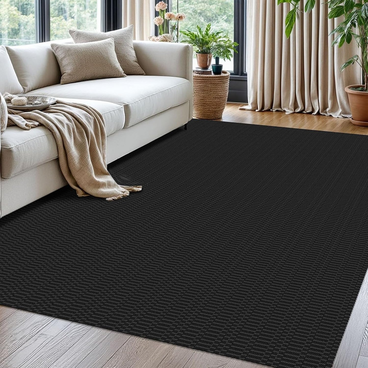 KOZYFLY Washable Area Rug for Living Room 5x7 Ft Bedroom Rug with Runner Backing Braided Cotton Dining Room Rug, Floor Carpet for Living Room Dining Room Bedroom, Black/Grey