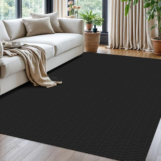 KOZYFLY Washable Area Rug for Living Room 5x7 Ft Bedroom Rug with Runner Backing Braided Cotton Dining Room Rug, Floor Carpet for Living Room Dining Room Bedroom, Black/Grey