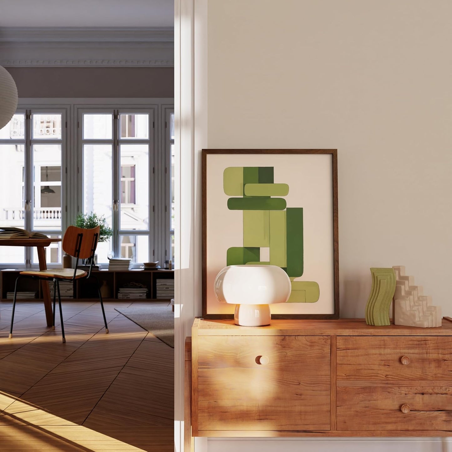 HAUS AND HUES Modern Abstract Wall Art - Blue and Green Living Room Art, Modern Artwork for Walls, Minimalist Picture for Living Room(Green Geometric, Walnut Frame, 16x20)