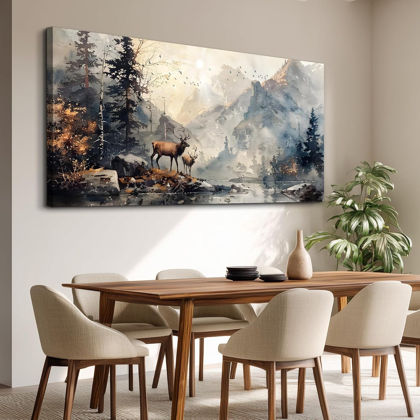 FUHAIHUA Large Wall Decor For Living Room Canvas Wall Art For Office Bedroom Wall Pictures Mountain Forest Landscape Ink Painting Deer Poster Artwork Room Home Decor Modern Aesthetic Mural 30x60 In