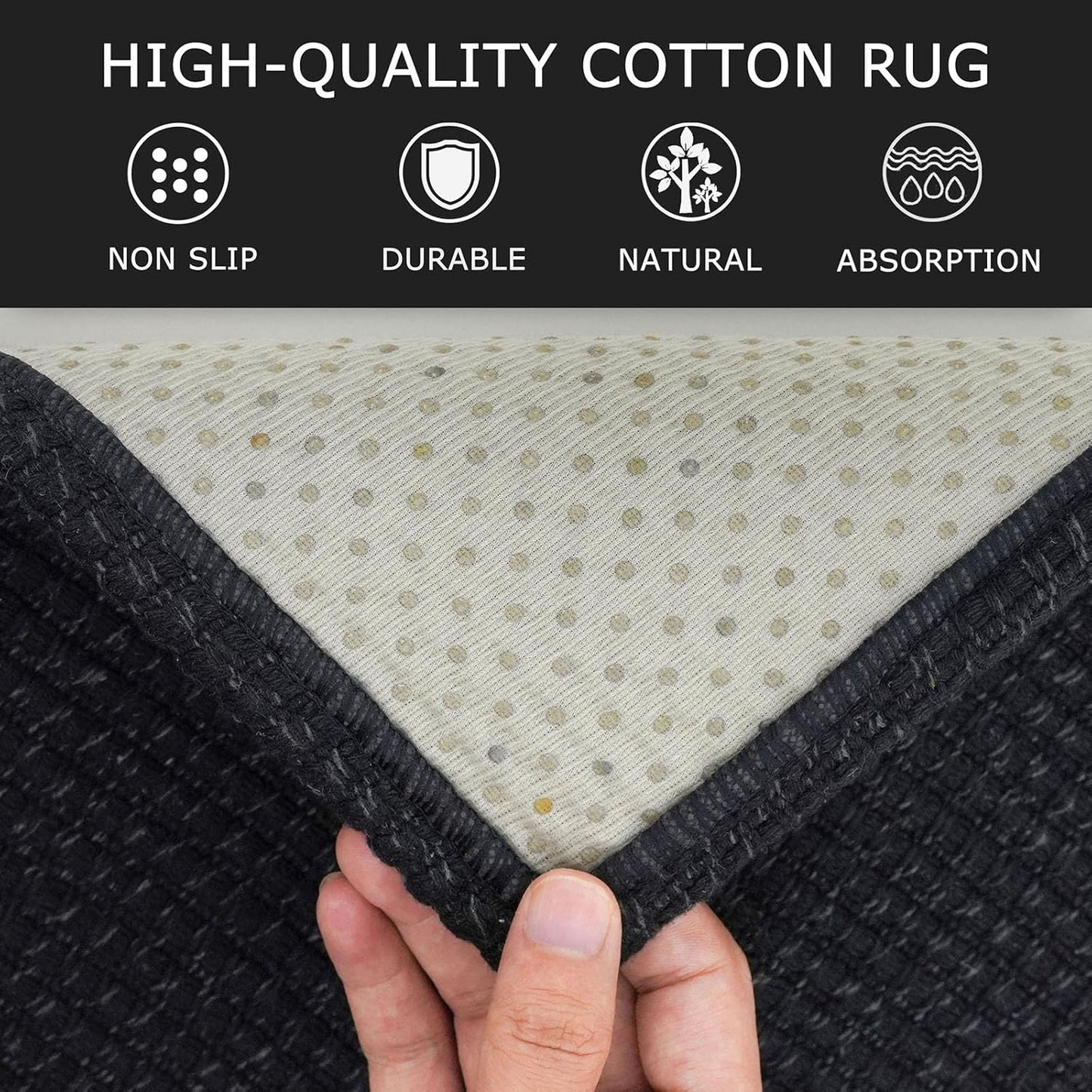 KOZYFLY Washable Area Rug 6x9 ft Rubber Backed Non Slip Rugs for Living Room Braided Cotton Bedroom Rug Woven Office Rugs Indoor Floor Carpets for Dining Bedroom Living Room, Black/Dark Grey