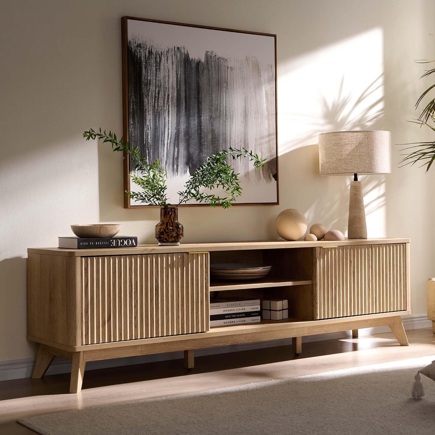 OKD 70" Mid Century Modern Fluted TV Stand, Entertainment Center, Sideboard, Media Console for Living Room with 2 Soft Close Door/Adjustable Shelves (Natural Oak)