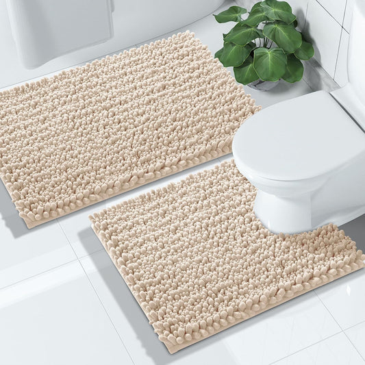 Yimobra Bathroom Rugs Sets 2 Piece - Quick Dry Extra Thick Luxury Chenille Bath Mat, Non Slip Super Absorbent for Tub Shower Sink, Machine Washable Shaggy Floor Mat, 32"x20"+24"x20" Inch, Light Brown