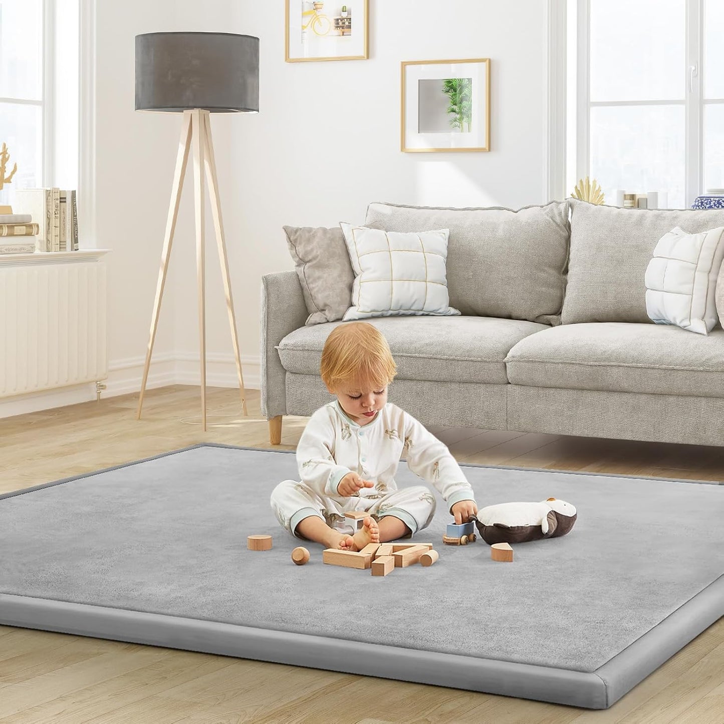 Baby Play Mat for Floor Tummy Time Nursery Rug Muscle Area Playroom Rug Tatami Mat 13'1"x6'7" Memory Foam 1.3" Thick Crawling for Babies,Toddlers, Infants, Kids(Light Gray)