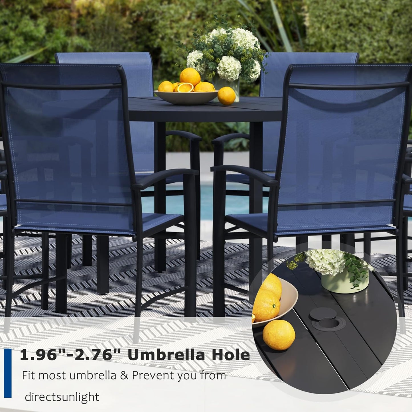 9 Piece Outdoor Dining Set, Patio Table and Chairs Set of 8, 60" Black Round Patio Table with 8 Blue Outdoor Patio Chairs for Lawn, Garden, Porch