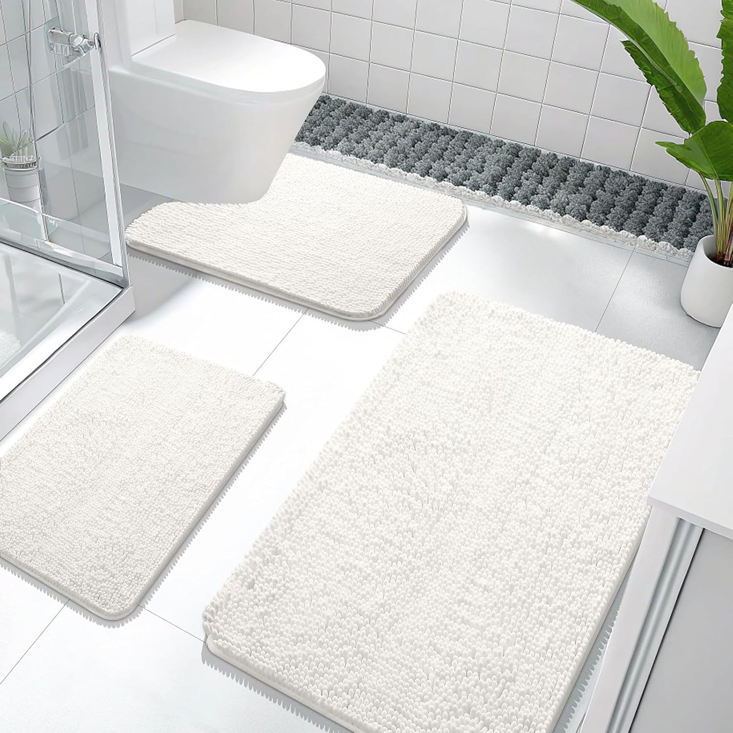 OLANLY Bathroom Rugs Sets 3 Piece, Soft Absorbent Chenille Bath Mats and U-Shaped Contour Toilet Rug, Quick Dry, Home Decor Accessories, Bath Mat Set for Bathroom (36"x24"+24"x16"+24"x20", Ivory)