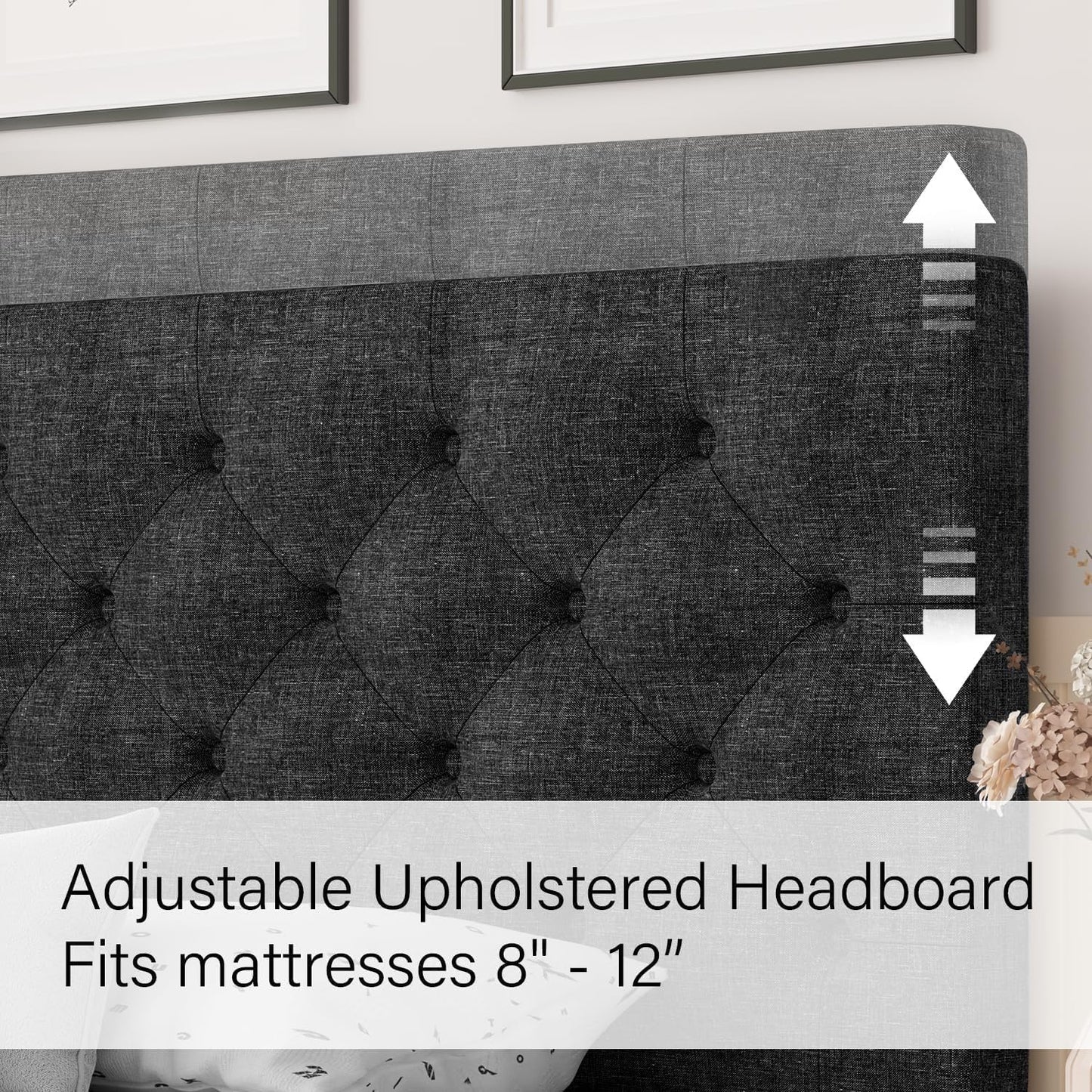 HOMBCK Queen Bed Frame with Headboard, Linen Fabric Upholstered Bed Frame Queen, Wood Slats Support, Button Tufted, No Box Spring Needed, Dark Grey