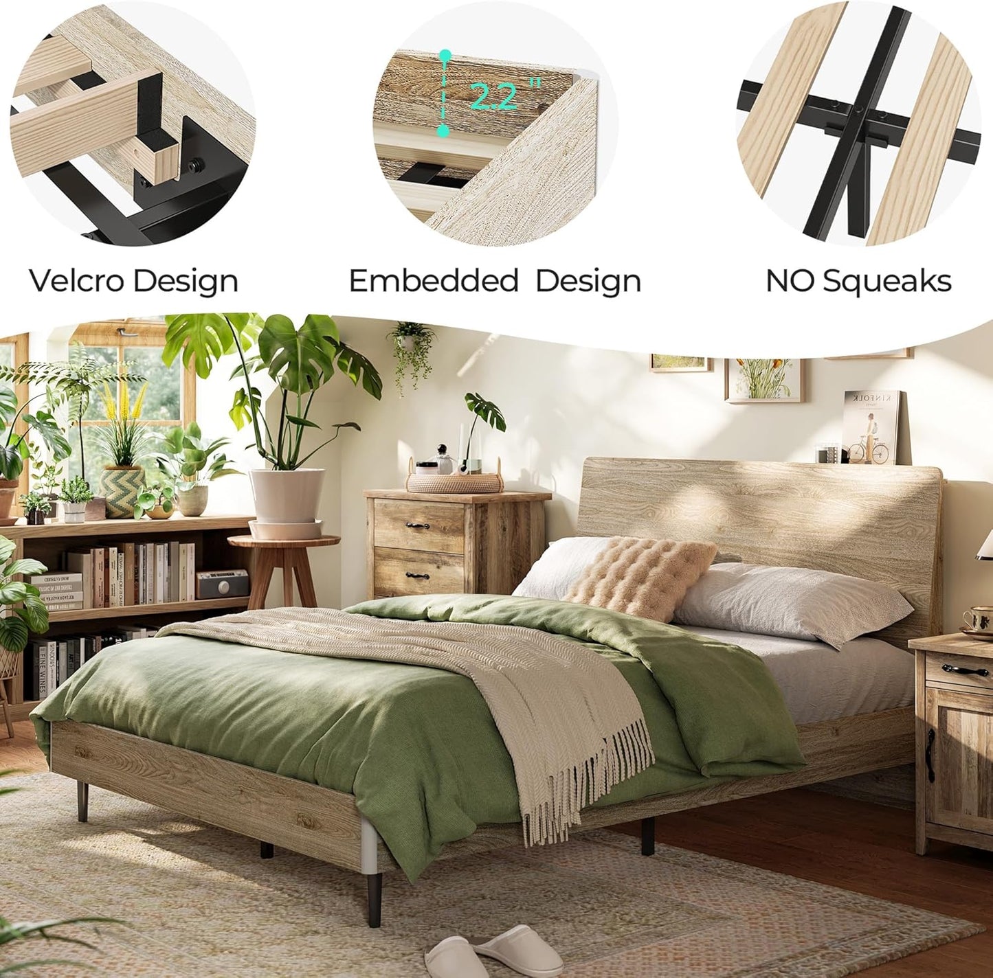 LINSY Wood Bed Frame with Headboard, Full Bedframe Wooden Platform Frames Vintage Full Size Bed Frames, No Box Spring Needed, Easy Assembly, Boho Wood