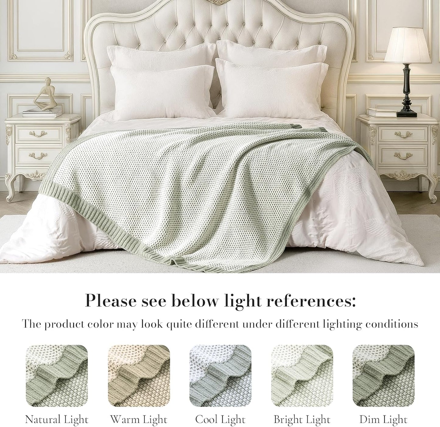 Amélie Home Honeycomb Knit Throw Blanket for Couch, Dual-Sided Soft Chenille Decorative Blankets for Sofa & Chair, 50"x60", Sage Green & White