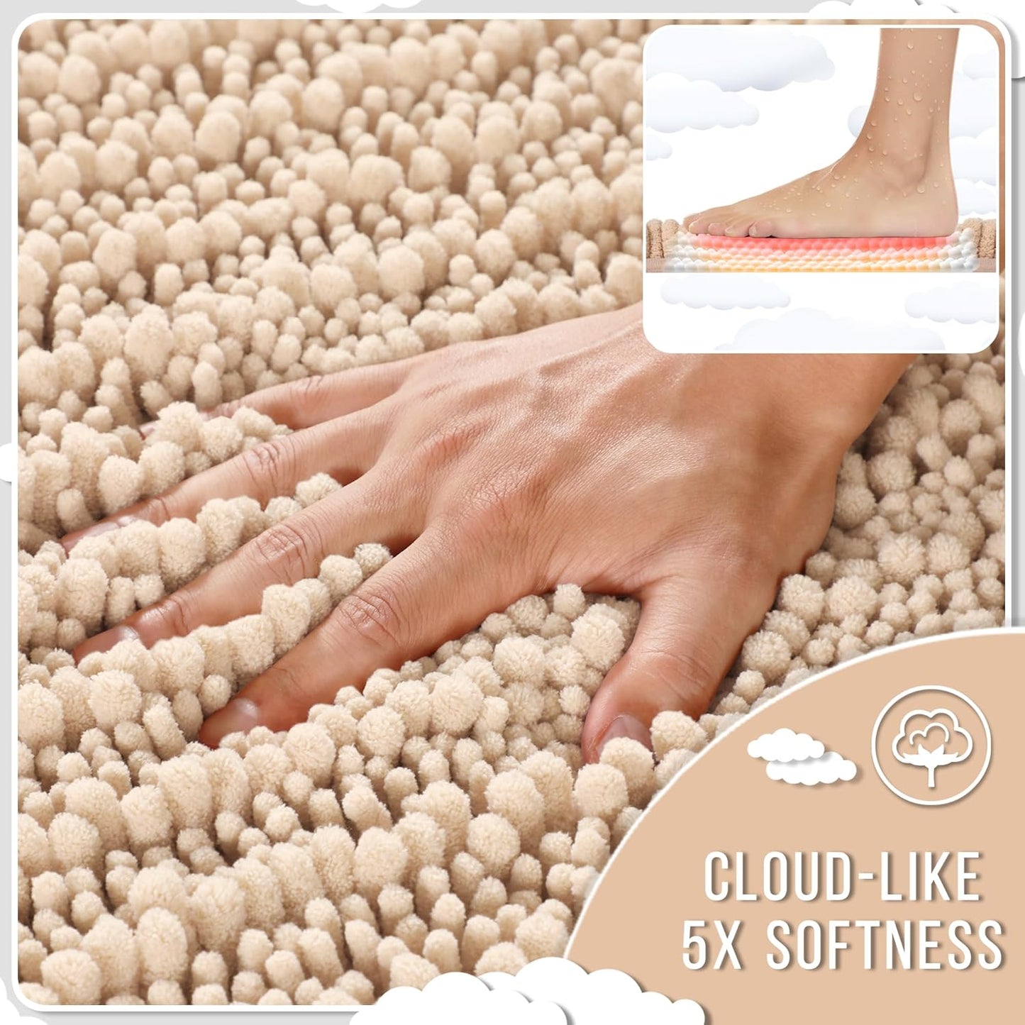 Yimobra Bathroom Rugs Sets 2 Piece - Quick Dry Extra Thick Luxury Chenille Bath Mat, Non Slip Super Absorbent for Tub Shower Sink, Machine Washable Shaggy Floor Mat, 24"x17+24"x20" Inch, Light Brown