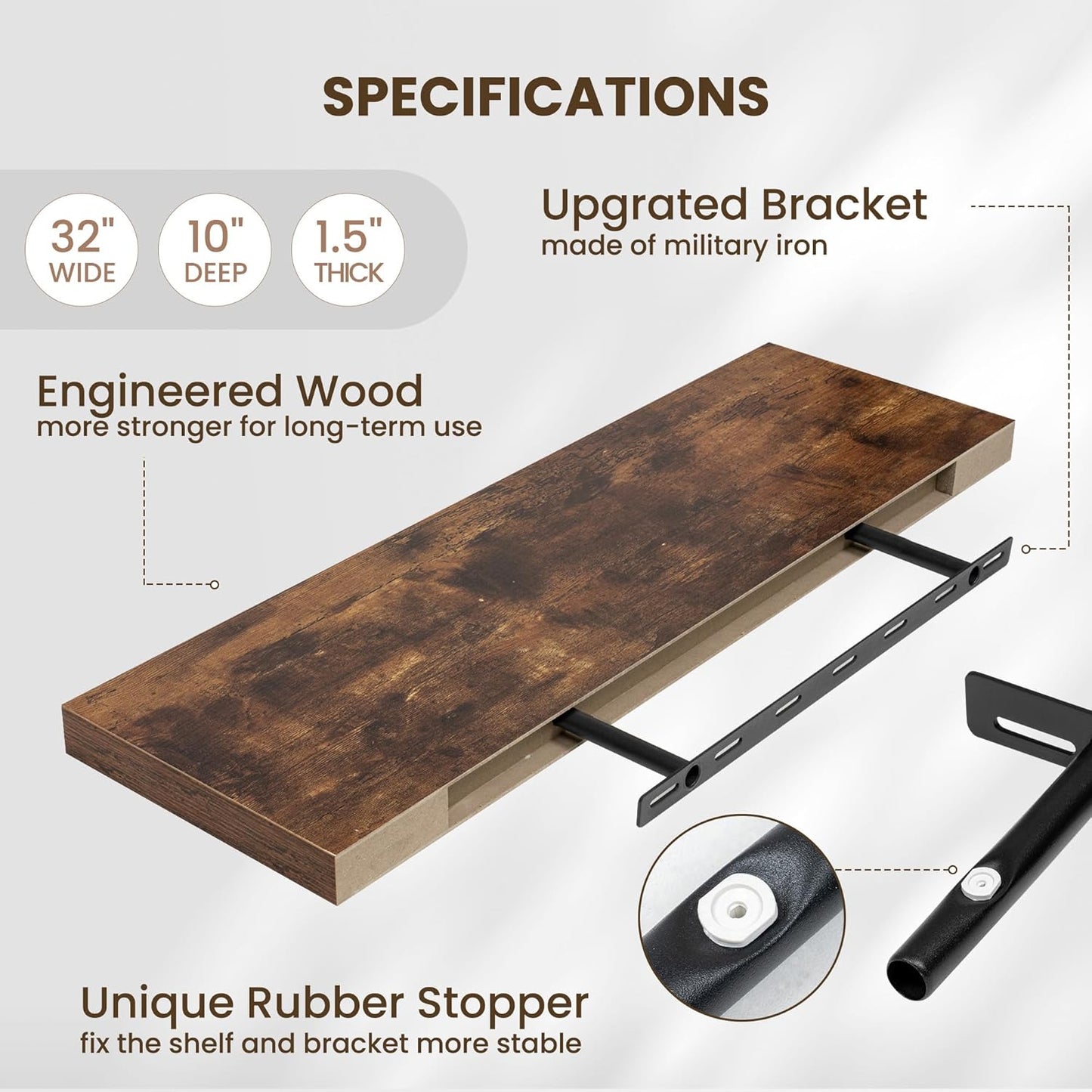 Fun Memories Floating Shelves for Wall, 32 Inch Long Floating Shelves Set of 2, 32 x 10 Wooden Shelves for Wall, Large Storage Shelves, Hanging Shelves for Bathroom Kitchen Bedroom, Rustic Brown