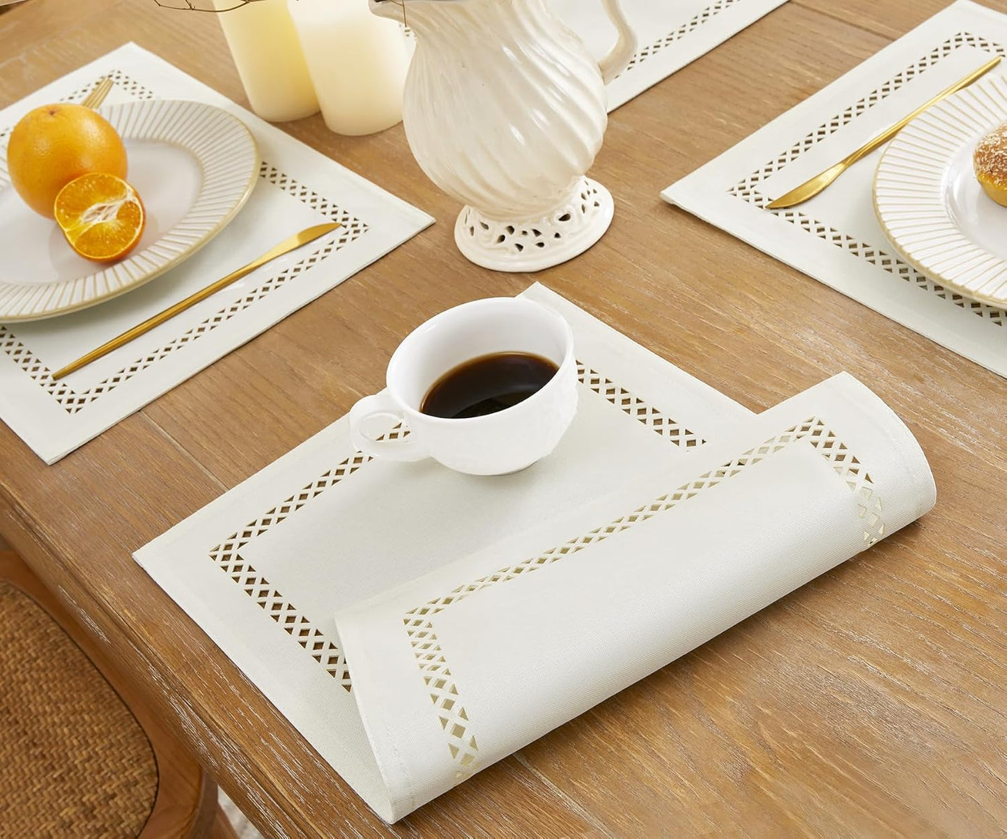 Burlap Placemats Set of 4, 12 x 18 Inch Rustic Geometric Hollow Place Mats, Heat Resistant Placemats for Farmhouse Kitchen Table Decor, Off White 4PCS