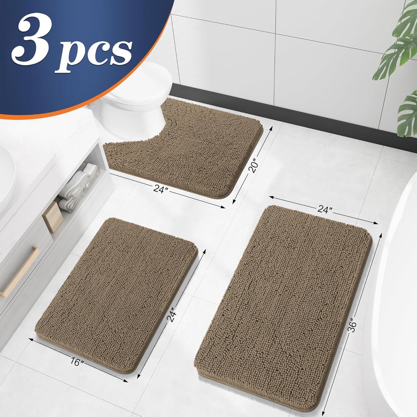 OLANLY Bathroom Rugs Sets 3 Piece, Soft Absorbent Chenille Bath Mats and U-Shaped Contour Toilet Rug, Quick Dry, Home Decor Accessories, Bath Mat Set for Bathroom (36"x24"+24"x16"+24"x20", Tan)