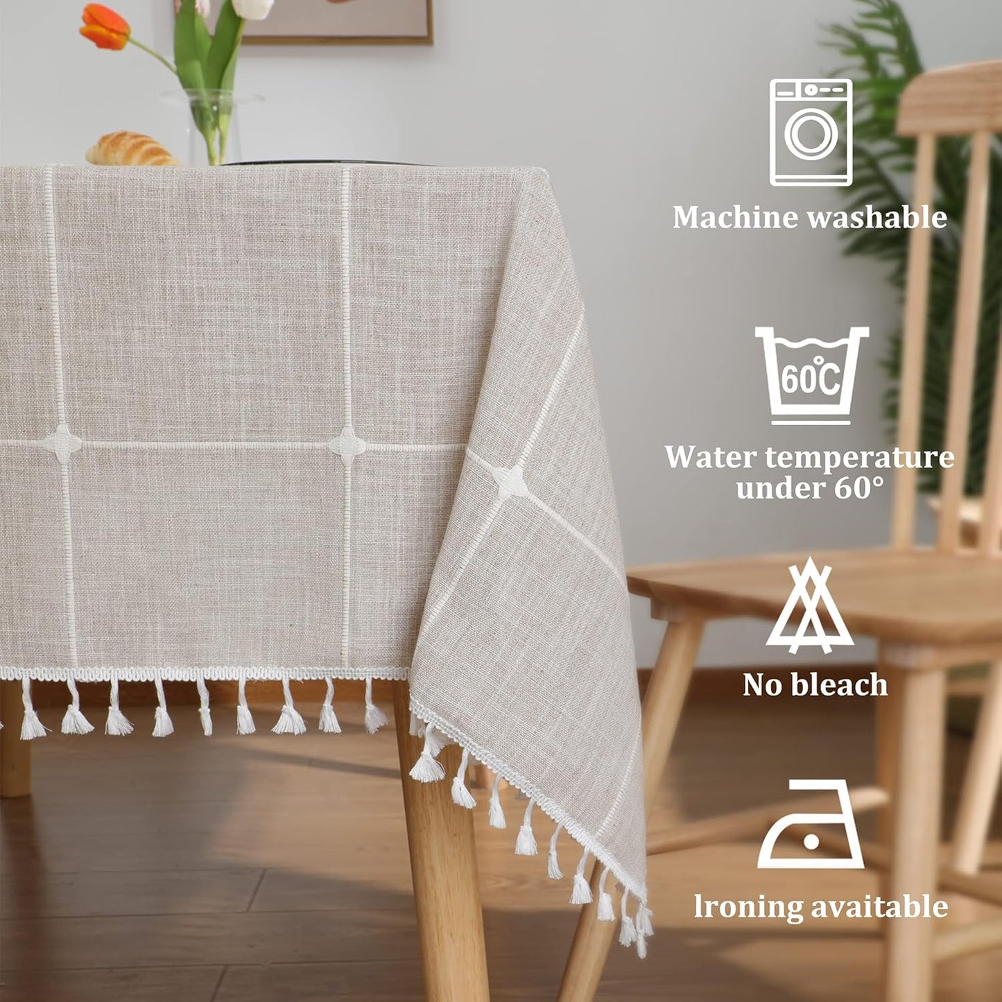 JIALE Tablecloths for Rectangle Tables,Cotton Linen Table Cloth Waterproof Tablecloth Wrinkle Free Farmhouse Dining Tables Cover,Soft Fabric Table Cloths with Tassels, Plaid, 55" X 55",2-4 Seats