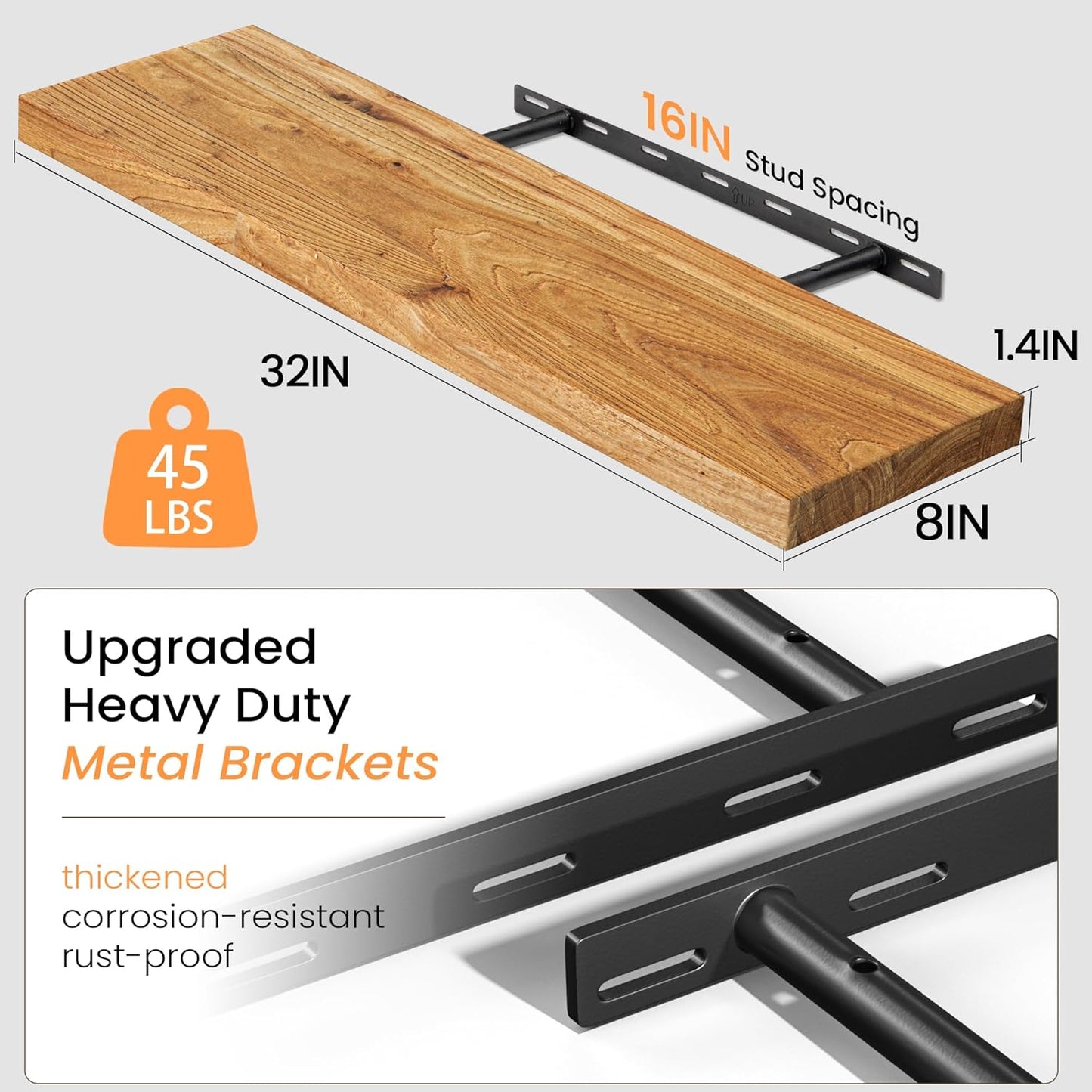 Fun Memories Floating Shelves for Wall Decor, 8" Deep Rustic Solid Elm Wood Floating Shelves Wall Mounted, Heavy-Duty Shelf with Invisible Bracket for Living Room Kitchen, 36 Inch Set of 2, Natural