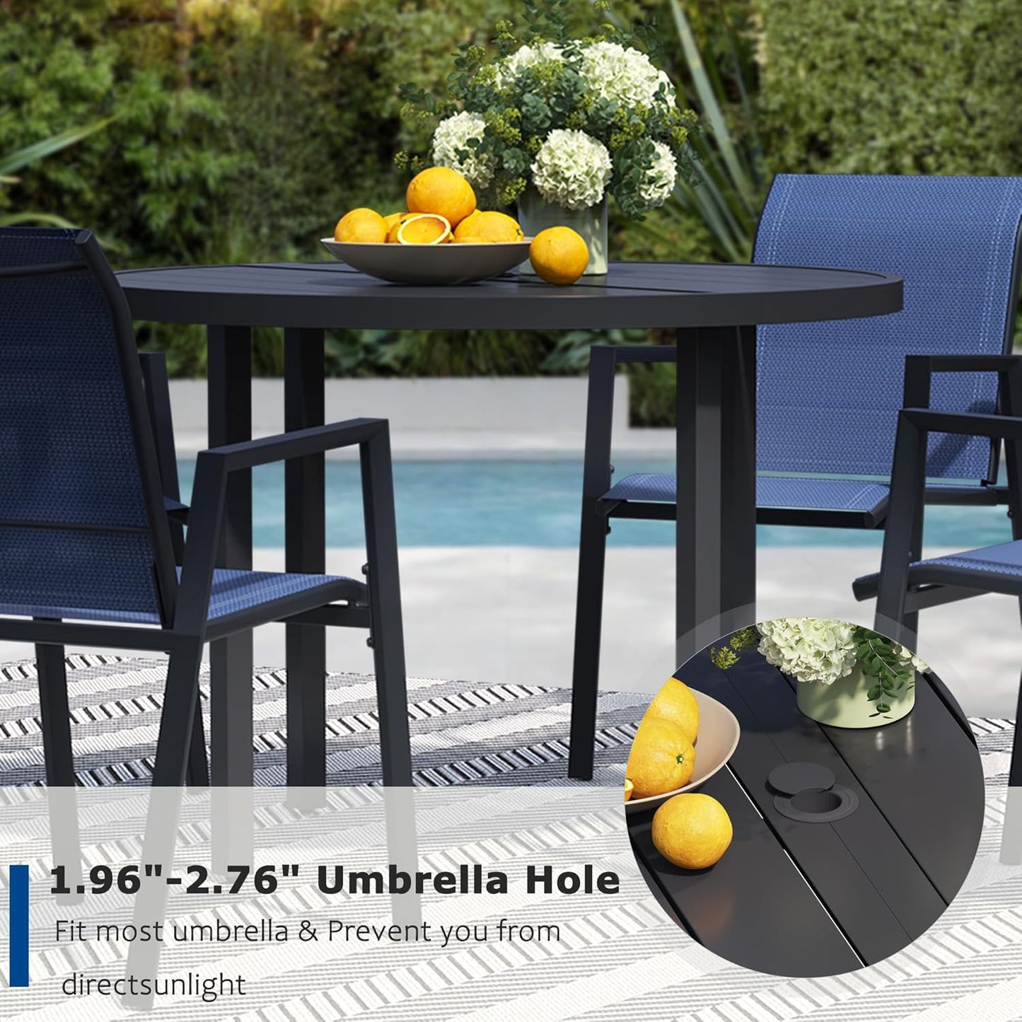 5 Piece Outdoor Dining Set, Patio Table and Chairs Set of 4, 42" Black Round Patio Table with 4 Blue Stackable Patio Chairs for Lawn, Garden, Porch
