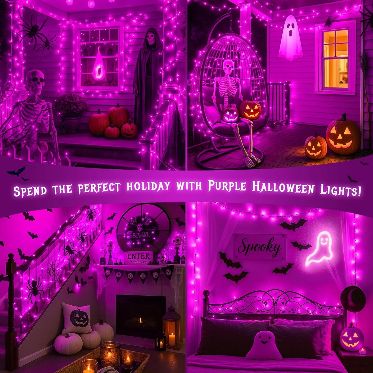 Hopolon Purple Halloween Mini Lights,2 Pack 13 FT 50 Count Incandescent Bulb String Lights,120V Waterproof Connectable Black Wire Light for Halloween Christmas Tree Home Garden Indoor Outdoor Décor