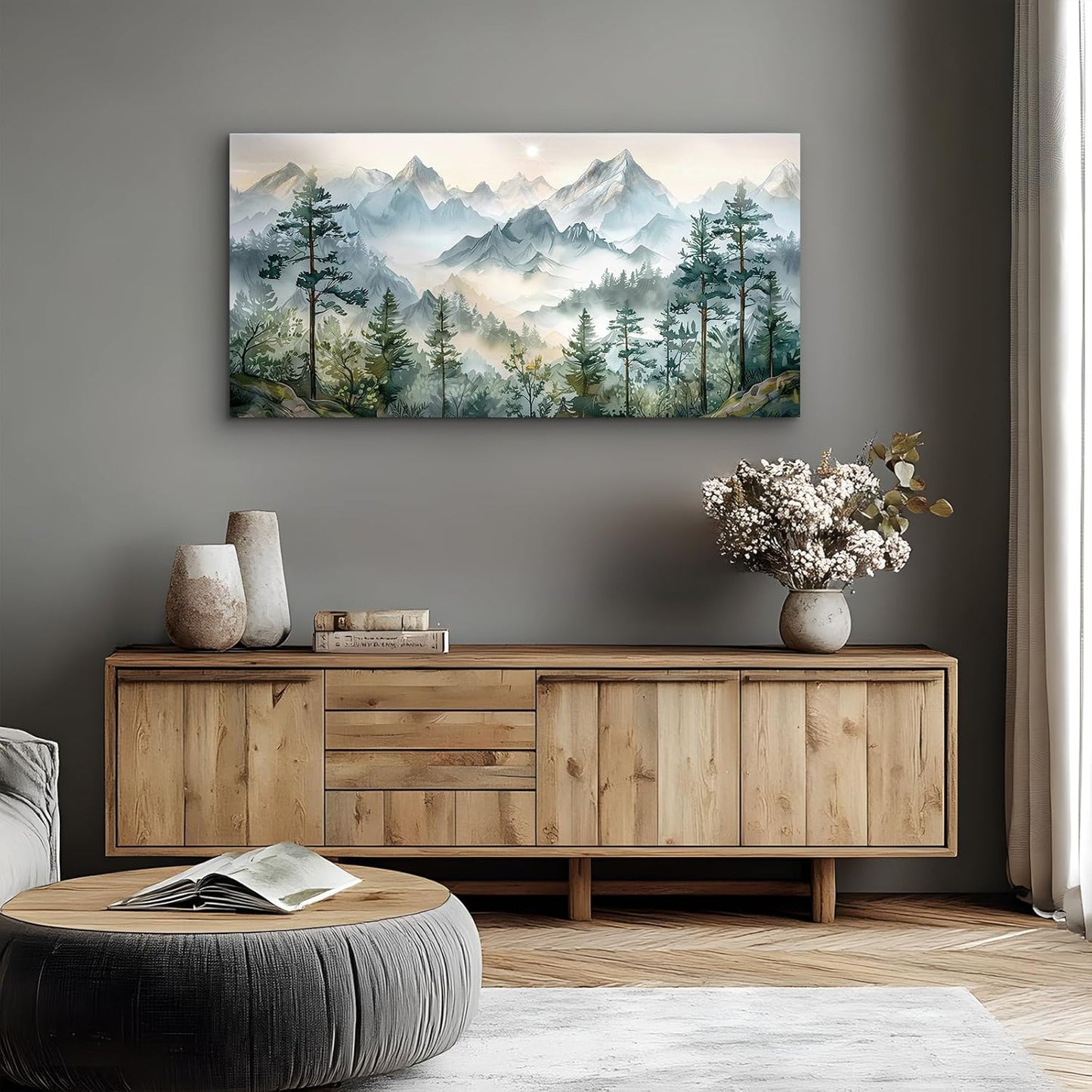 SERIMINO Large Canvas Wall Art for Living Room, Mountain Forest Landscape Canvas Prints Paintings, Nature Scenery Wall Decor, Green Modern Home Bedroom Bathroom Pictures Home Decor 24"X48"