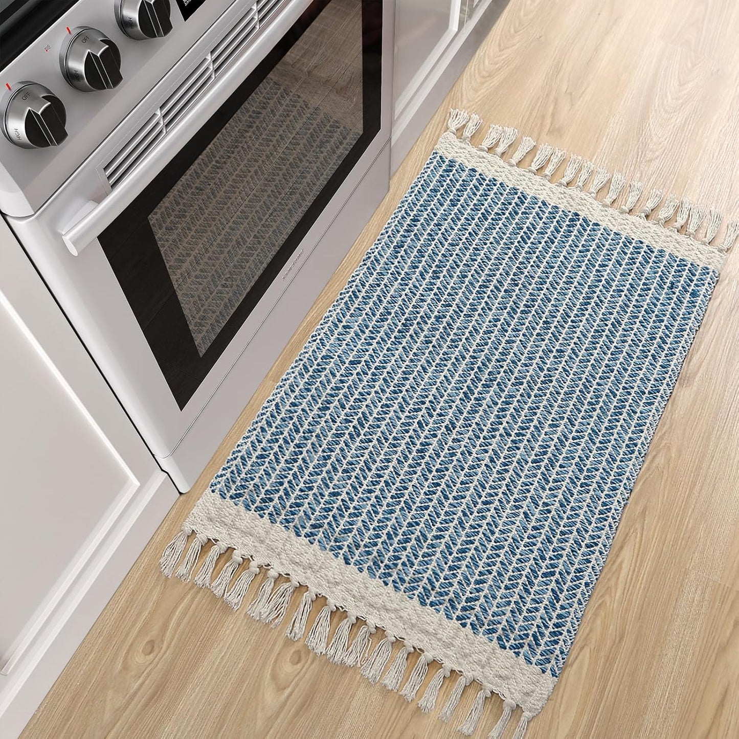 Lahome Boho Bathroom Rugs, Small 2x3 Front Door Bath Mats Lightweight Entryway Rug Woven Cotton Area Rug with Tassels, Farmhouse Blue Throw Rug Washable Low Pile Carpet for Kitchen