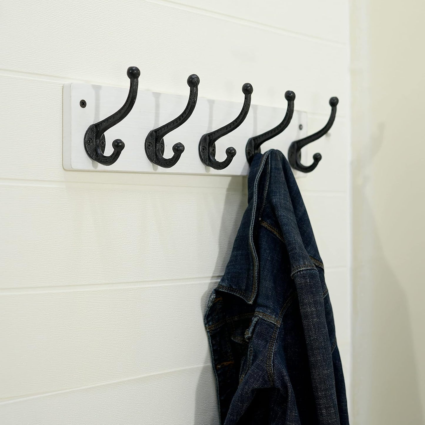 WEBI Rustic Coat Rack Wall Mount,5 Cast Iron Coat Hooks Wall Mounted,Heavy Duty Wall Coat Hanger Hooks for Hanging Coats,Clothes,Black on White,2 Packs