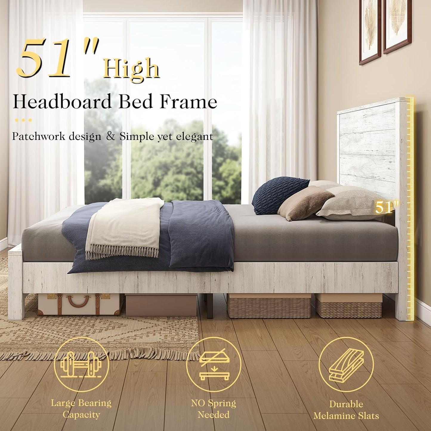 51.2" H Wood Bed Frame with Headboard, Platform Bed Frame Queen Size with Wooden Slat Support, No Box Spring Needed/Easy Assembly, Rustic Pine, Distressed White