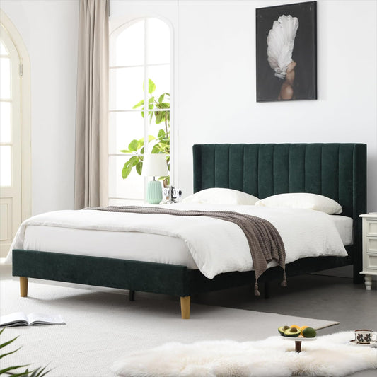 YUHUASHI upholstered Platform Bed Frame/Queen Bed Frame/Modern Geometric Double-Wing Design headboard/Velvet Fabric/Easy to Assemble no Noise (Ink Green, Queen (U.S. Standard))
