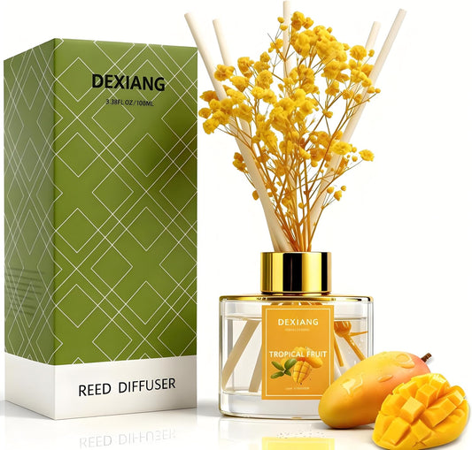 Reed Diffuser Set - 3.38 fl oz （100ml） Tropical Fruit Home Fragrance Reed Diffuser for Bathroom Shelf Decor 6 Reed Stick