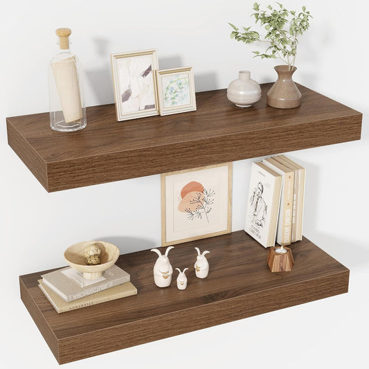 30 Inch Floating Shelves, 12" Deep Floating Shelf Wall Mounted, 30" Wall Shelves, Rustic Deep Bookshelf, Extra Deeper & Thicker Display Shelves for Bedroom, Living Room, Walnut, Set of 2