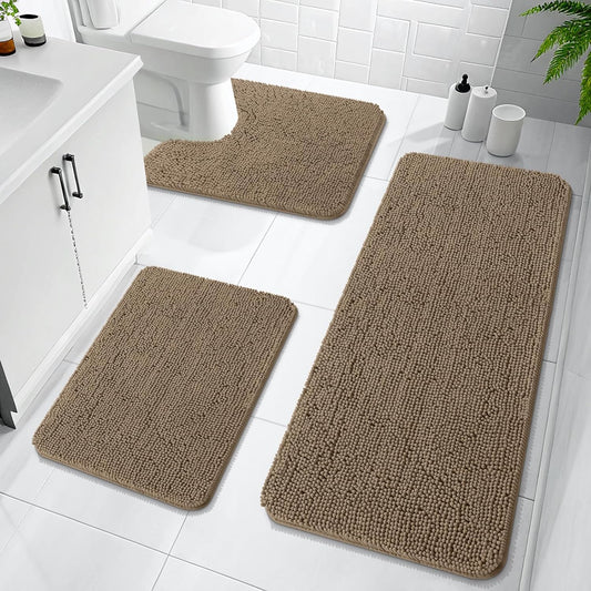 OLANLY Bathroom Rugs Sets 3 Piece, Soft Absorbent Chenille Bath Mats and U-Shaped Contour Toilet Rug, Quick Dry, Home Decor Accessories, Bath Mat Set for Bathroom (47"x20"+24"x16"+24"x20", Tan)